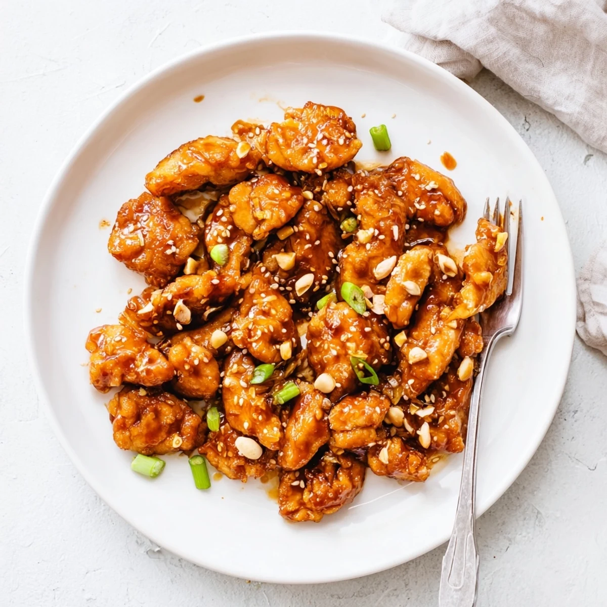 Golden crispy orange chicken pieces glazed in sweet tangy citrus sauce garnished with green onions