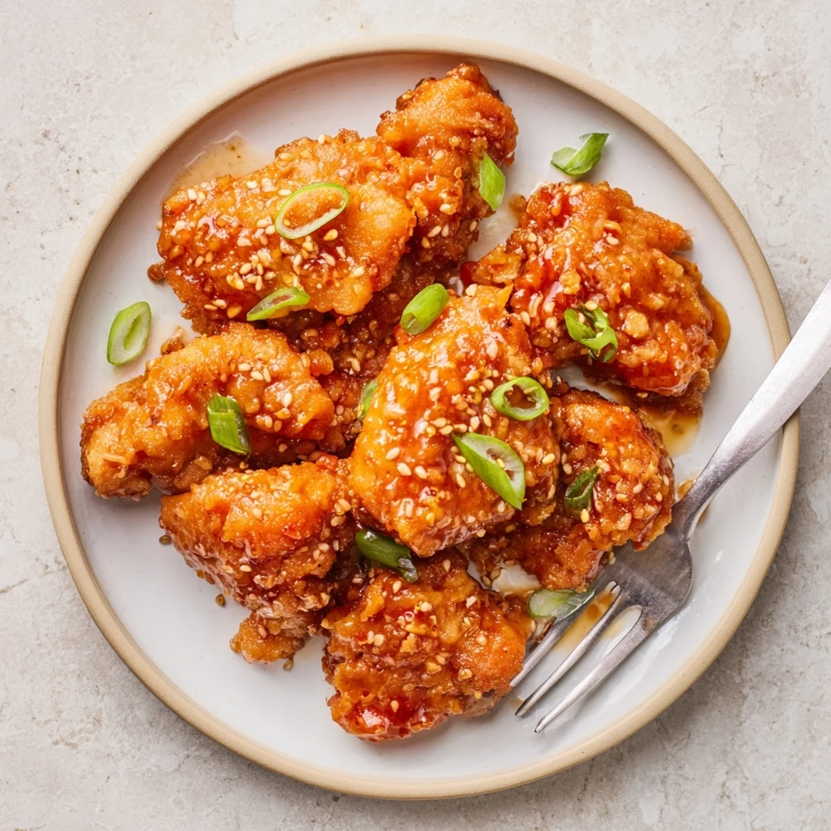 Crispy fried chicken tossed in glossy orange ginger sauce served over steamed white jasmine rice