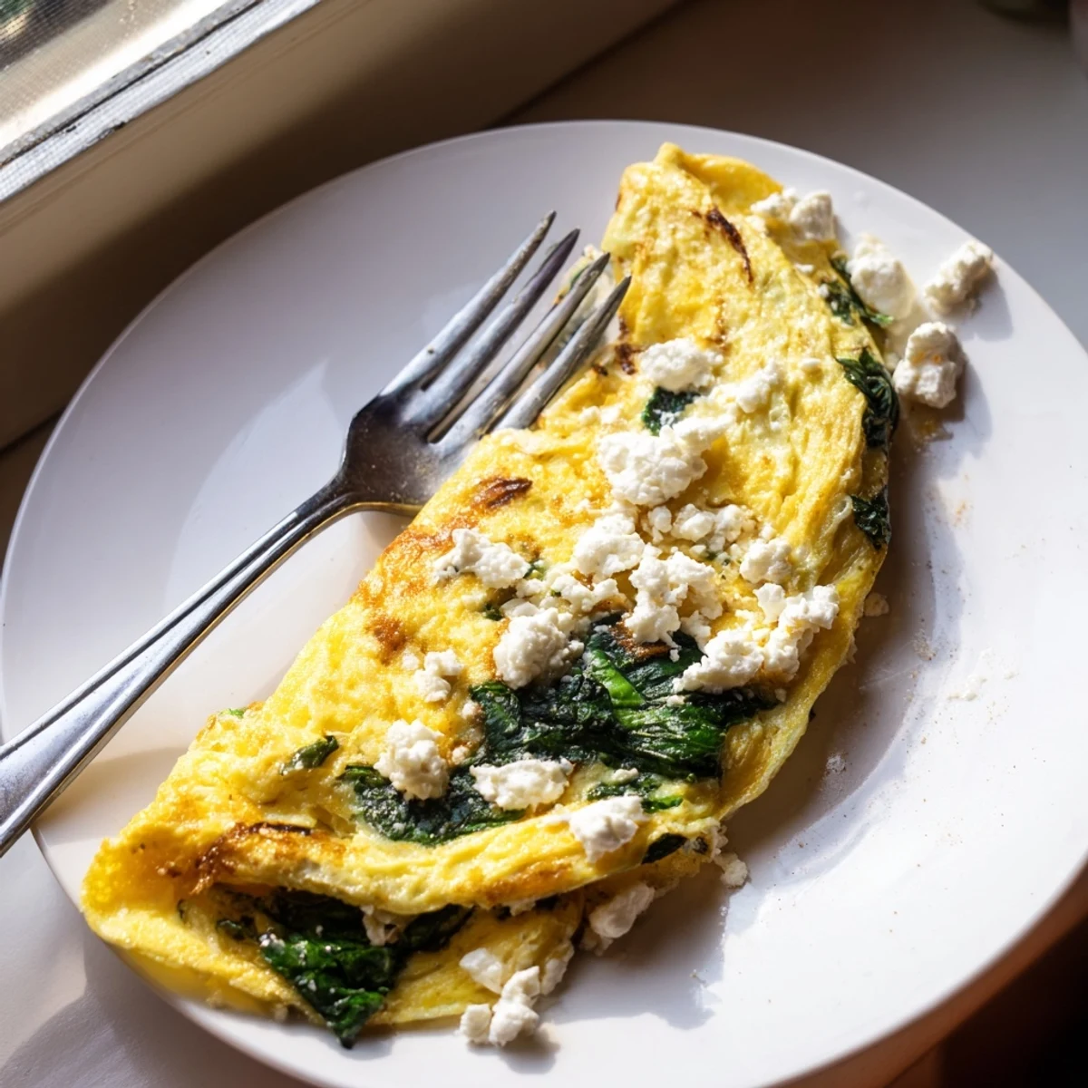 Golden spinach feta omelet folded over melting cheese and wilted greens on white plate
