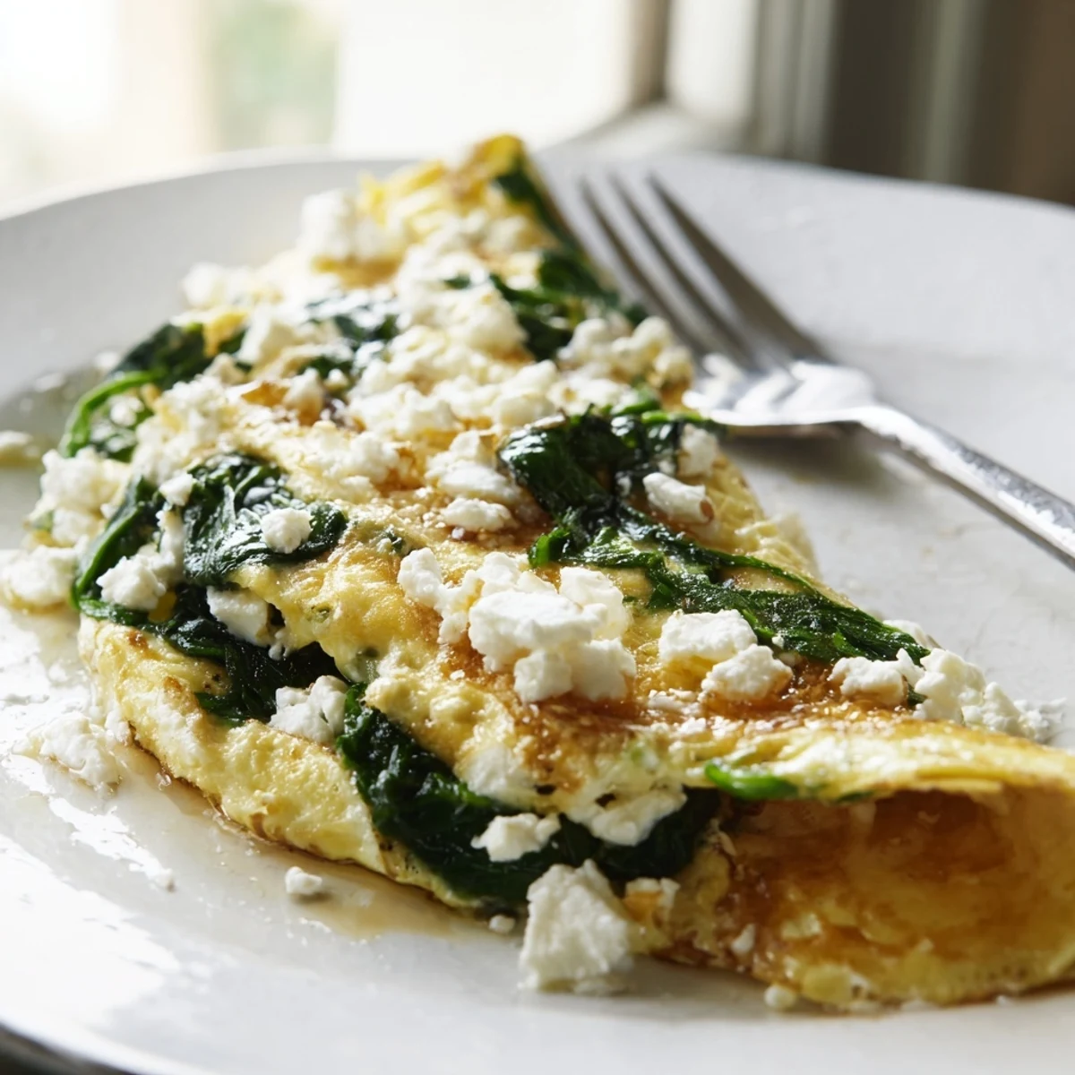 Fluffy Mediterranean omelet packed with fresh spinach and crumbly feta cheese glistening on top