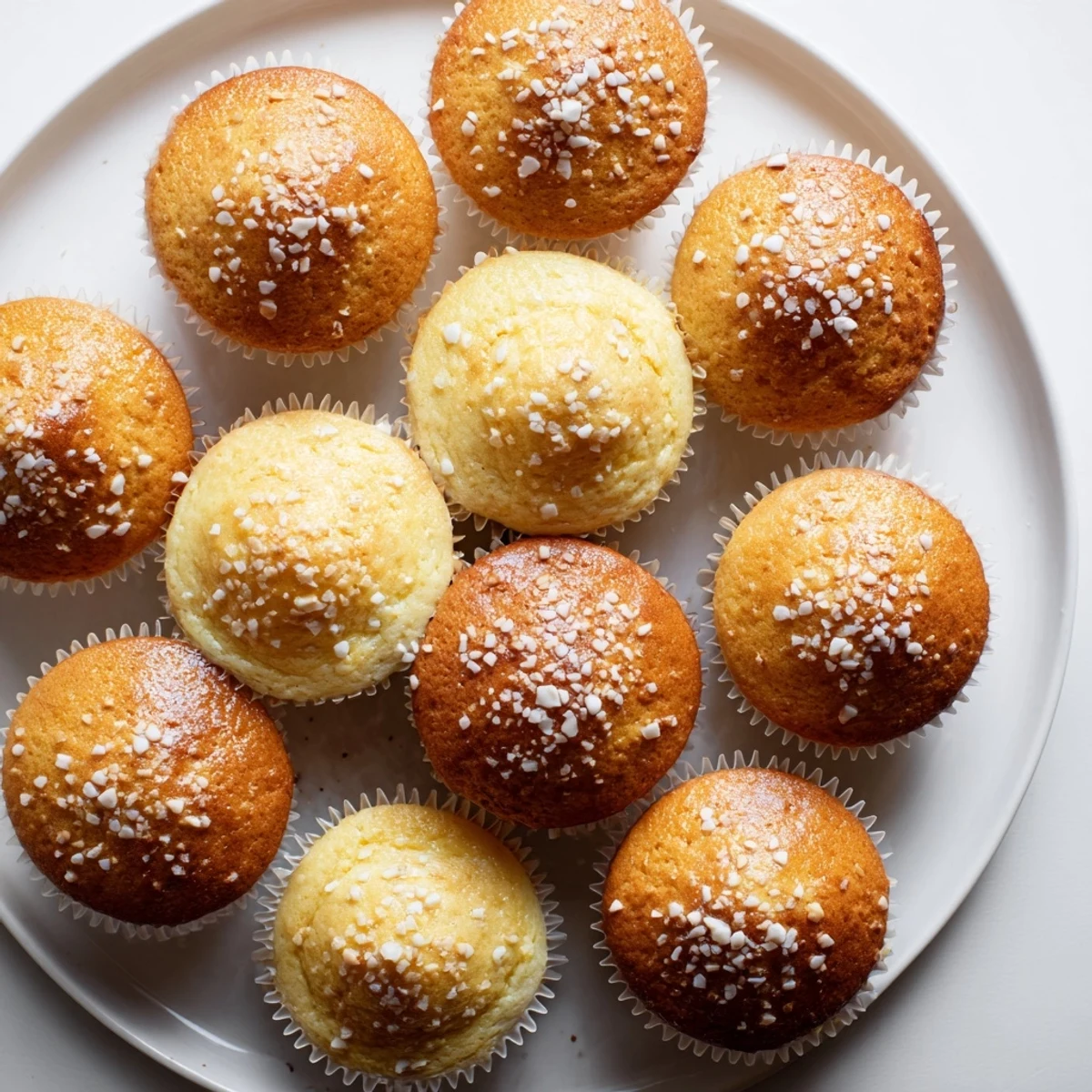 Golden lemon cream cheese muffins topped with sparkling coarse sugar on a wire rack