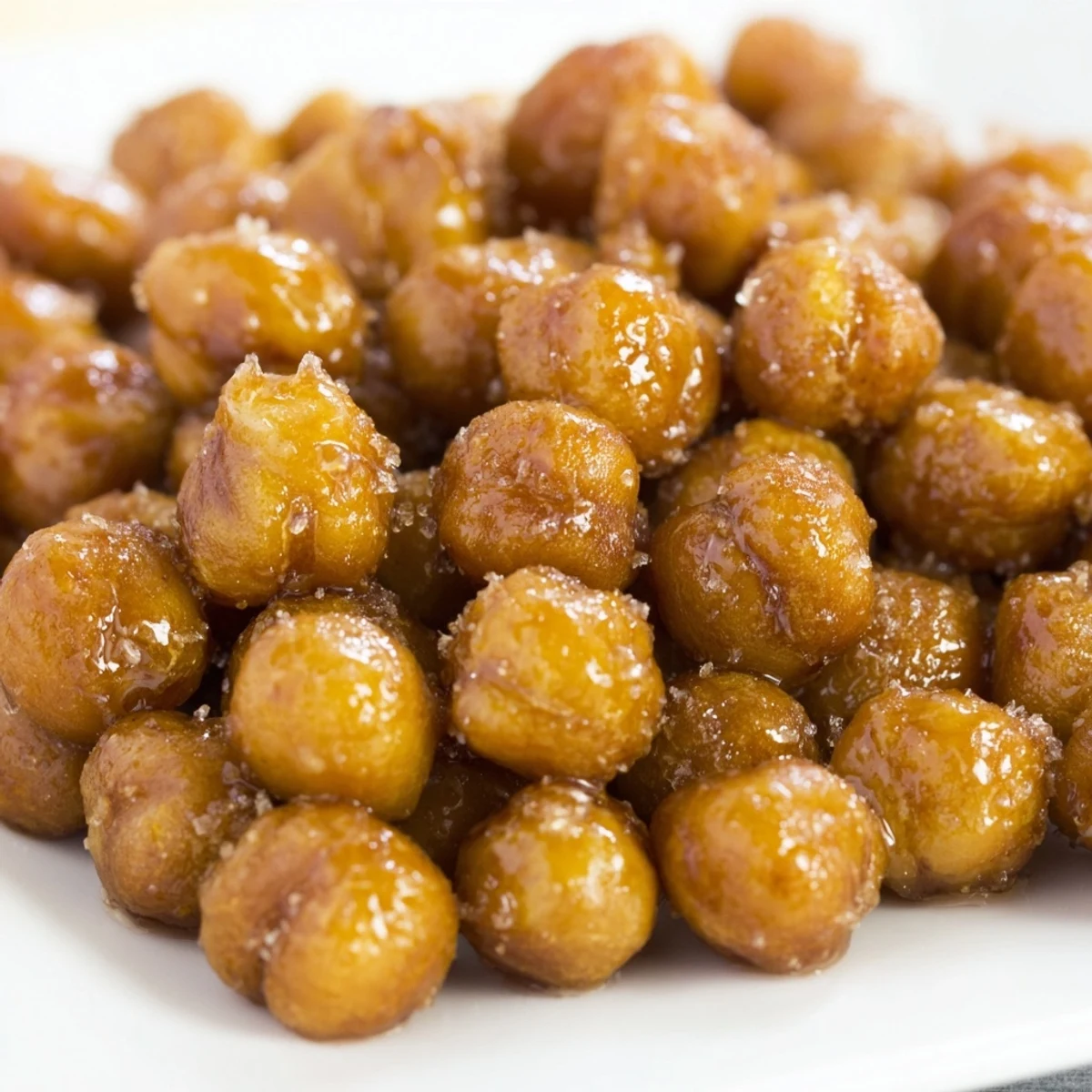 Golden brown cinnamon roasted chickpeas scattered on a rustic wooden board, coated in sweet maple glaze