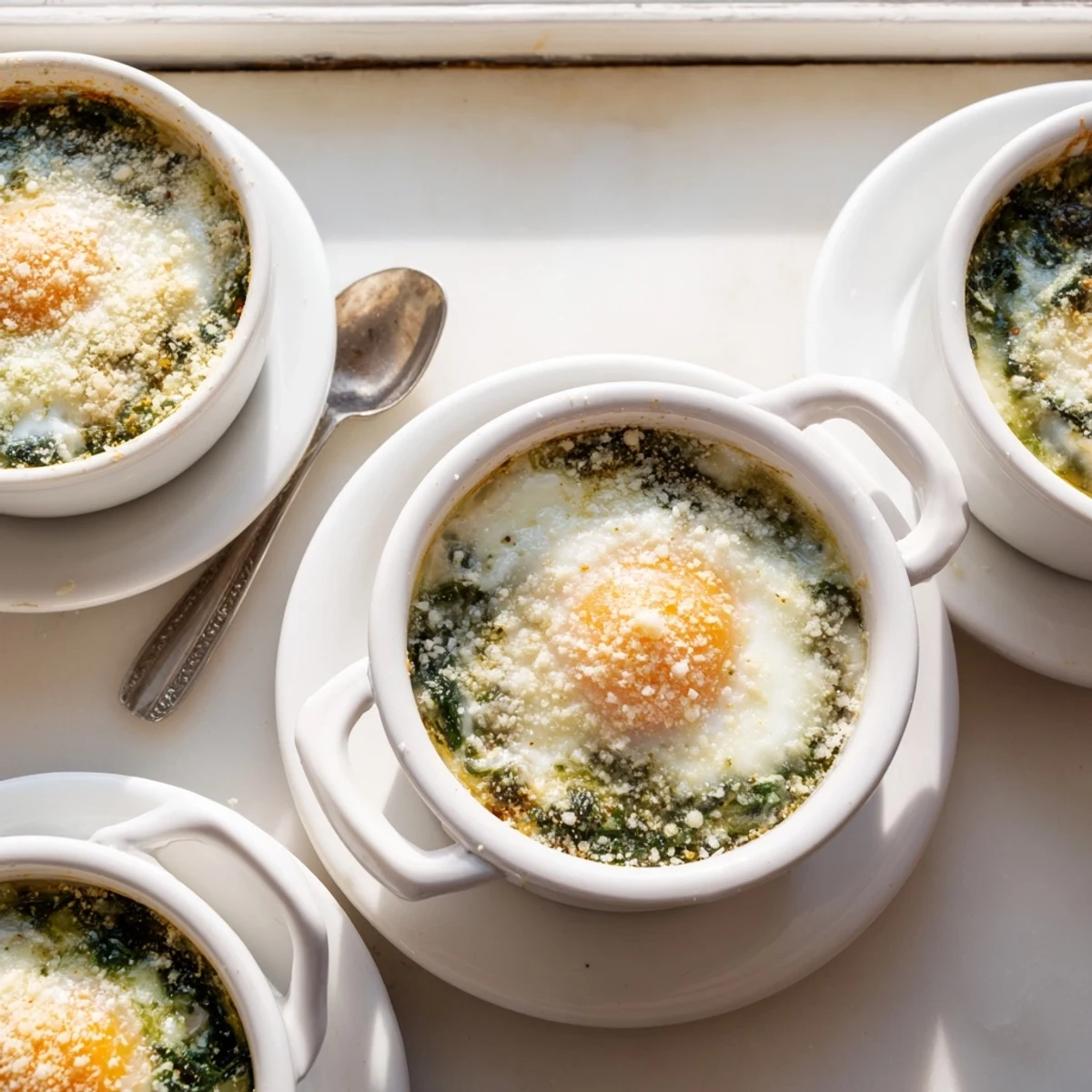 Golden baked eggs spinach Parmesan in ramekins with melted cheese topping and fresh wilted greens