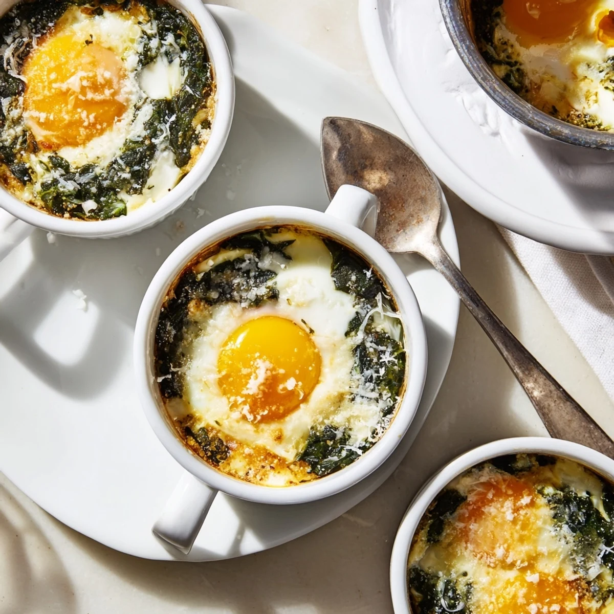Creamy baked eggs spinach Parmesan dish featuring runny yolks nestled in seasoned sautéed vegetables