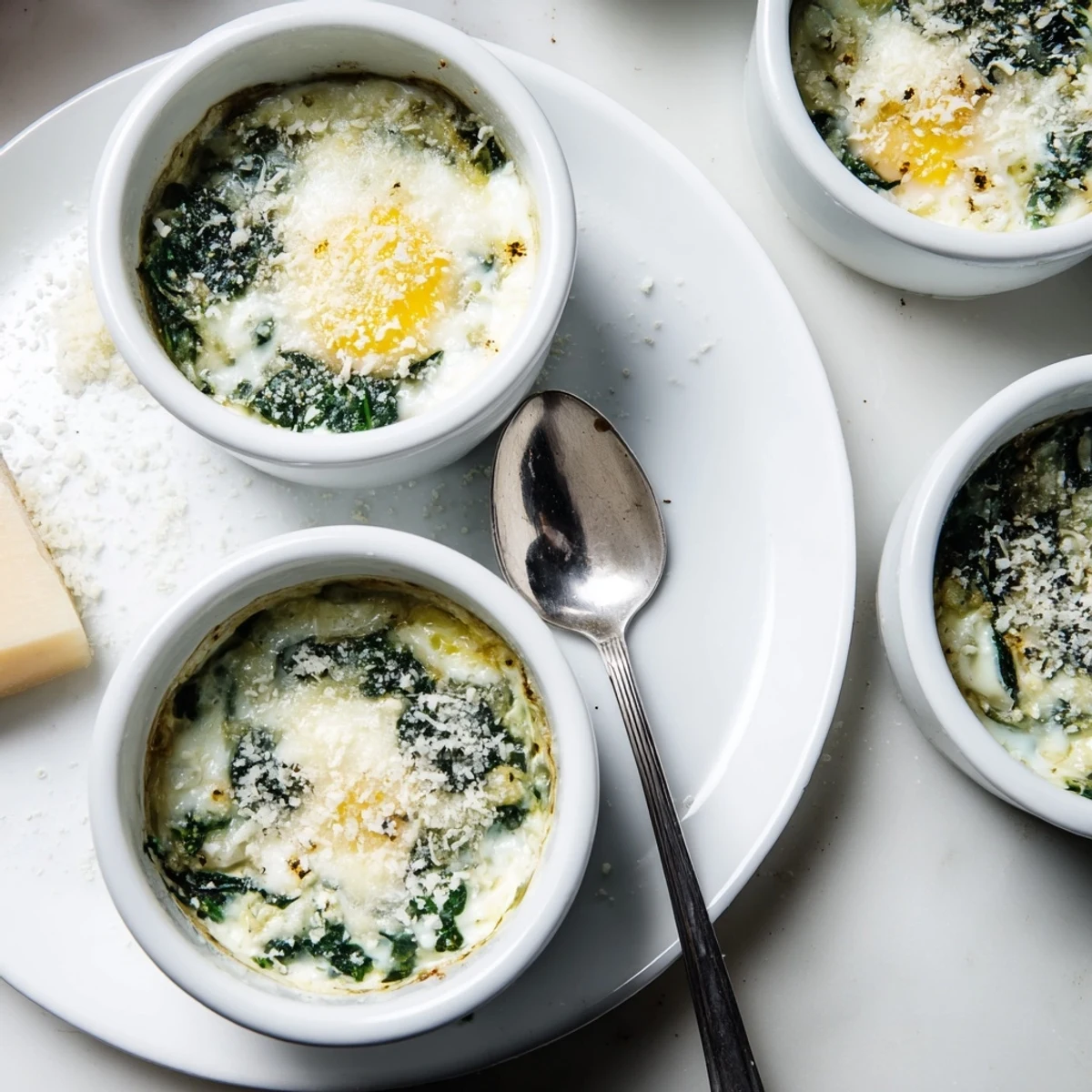 Individual ramekins of baked eggs spinach Parmesan with golden brown cheese crust and tender spinach base