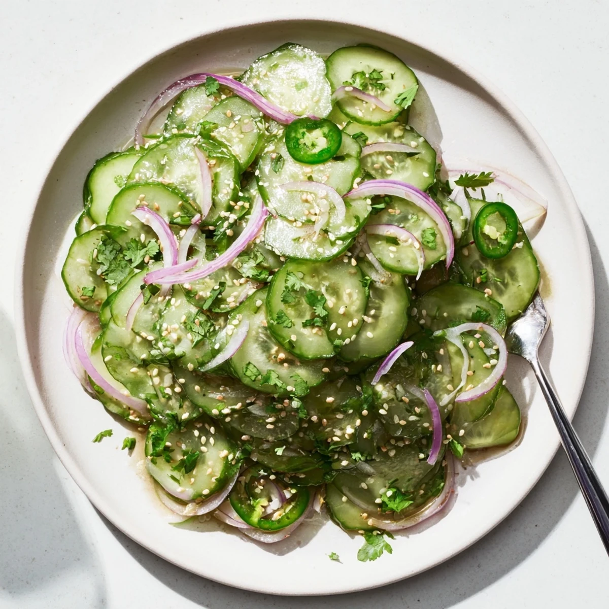 Refreshing honey lime cucumber salad garnished with sesame seeds and jalapeño slices on white plate