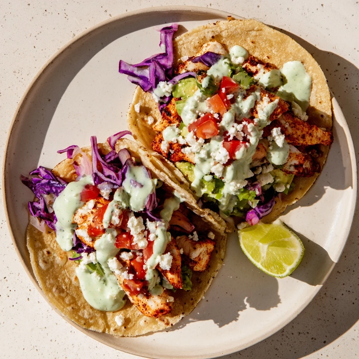 Grilled fish cilantro tacos with fresh cabbage, avocado, and zesty lime crema drizzled over corn tortillas