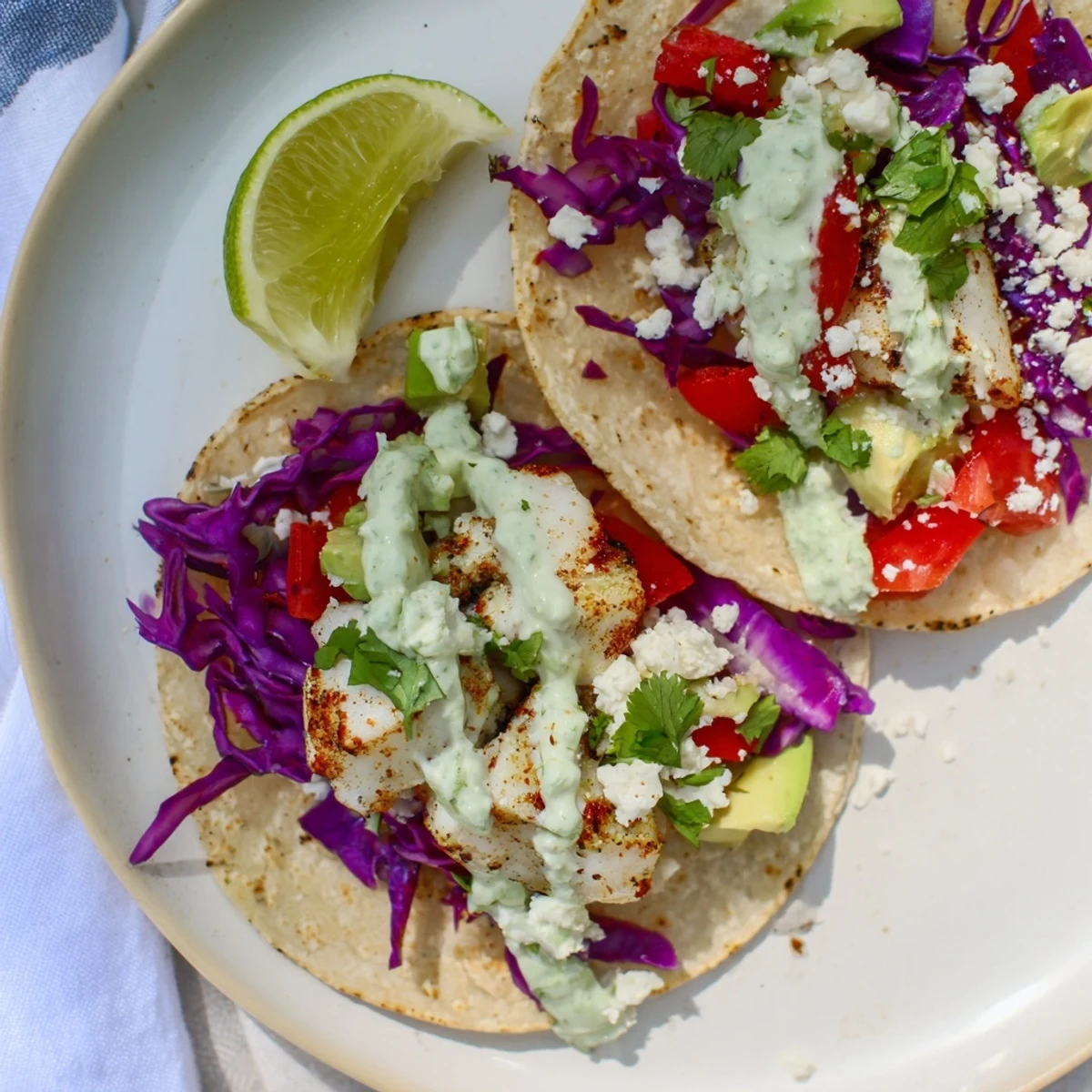 Flaky grilled white fish tacos topped with colorful vegetables and crumbled cotija cheese on warm tortillas