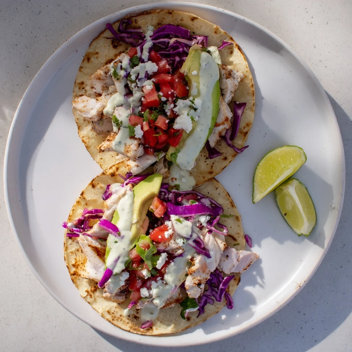 Homemade grilled fish cilantro tacos arranged on a platter with lime wedges and creamy sauce