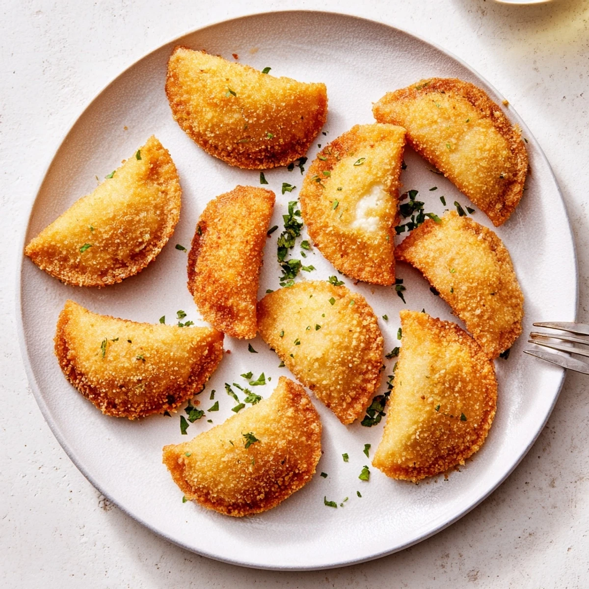 Homemade Portuguese shrimp rissois featuring golden breadcrumb coating and savory seafood béchamel center