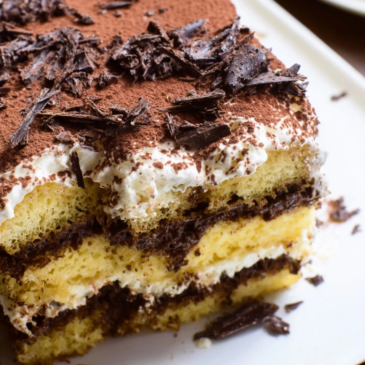 Slice of tiramisu cake showing coffee-soaked layers with creamy mascarpone filling