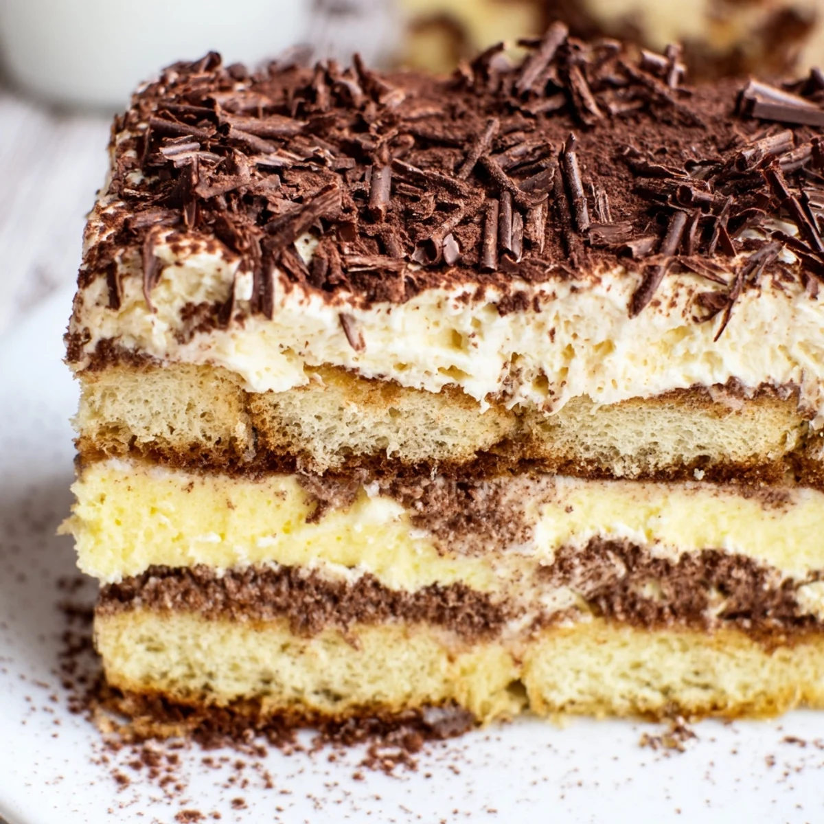Layered tiramisu cake dusted with cocoa powder and whipped mascarpone cream