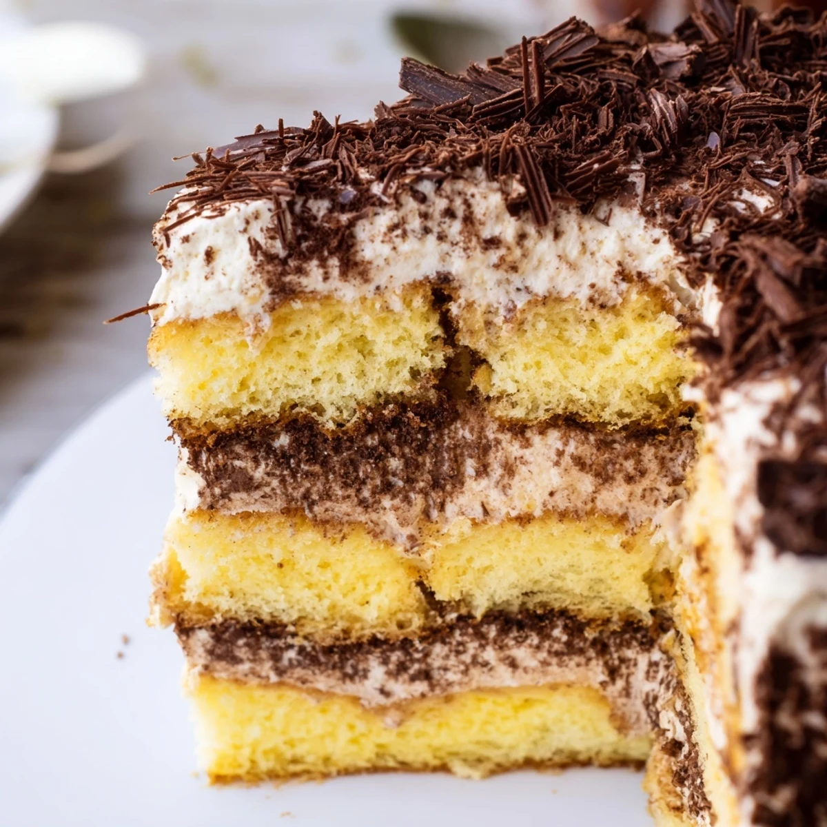 Four-tier tiramisu cake dessert with coffee syrup and dark chocolate garnish