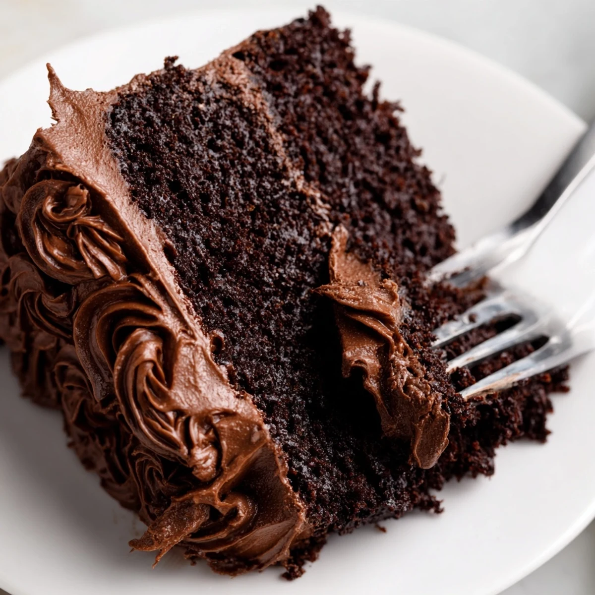 Decadent Matilda chocolate cake with glossy ganache frosting and decorative swoops on a white serving plate