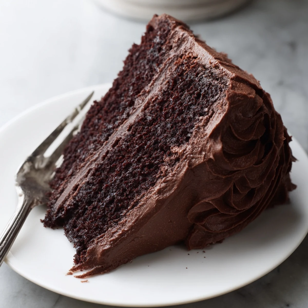 Slice of Matilda chocolate cake revealing tender fudgy interior topped with velvety chocolate frosting
