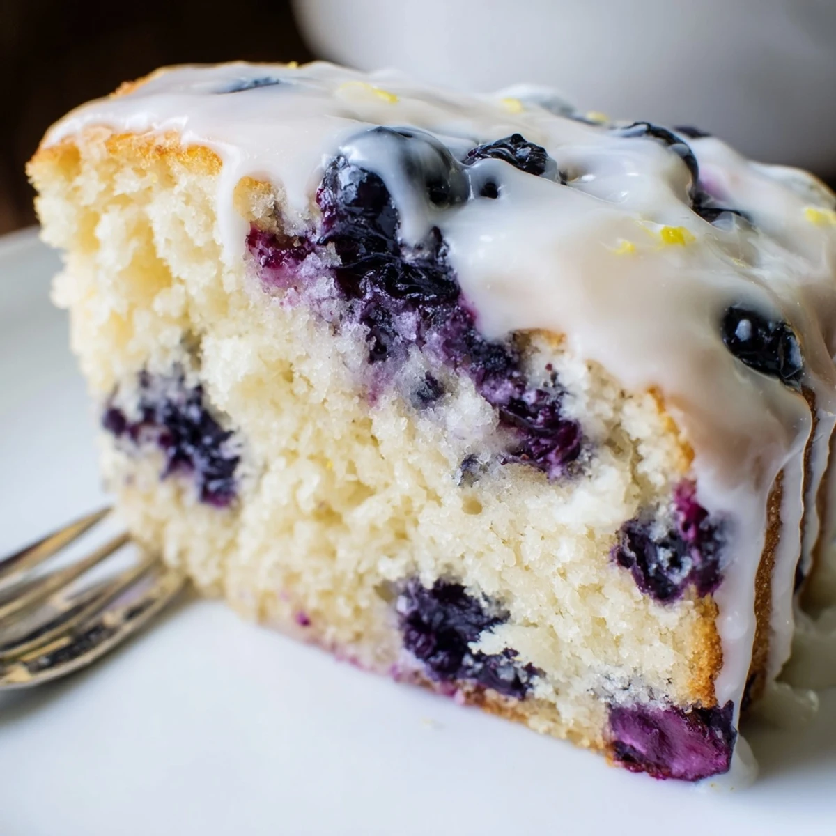Fresh lemon blueberry cake with bursting berries and zesty lemon glaze on serving platter