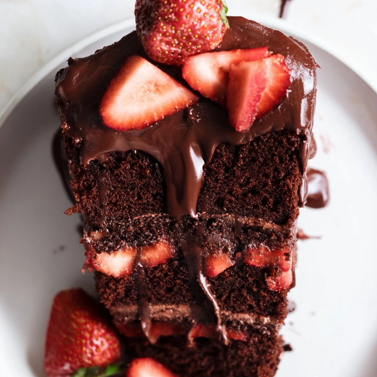 Two-layer chocolate cake drizzled with creamy ganache and topped with ripe red strawberries