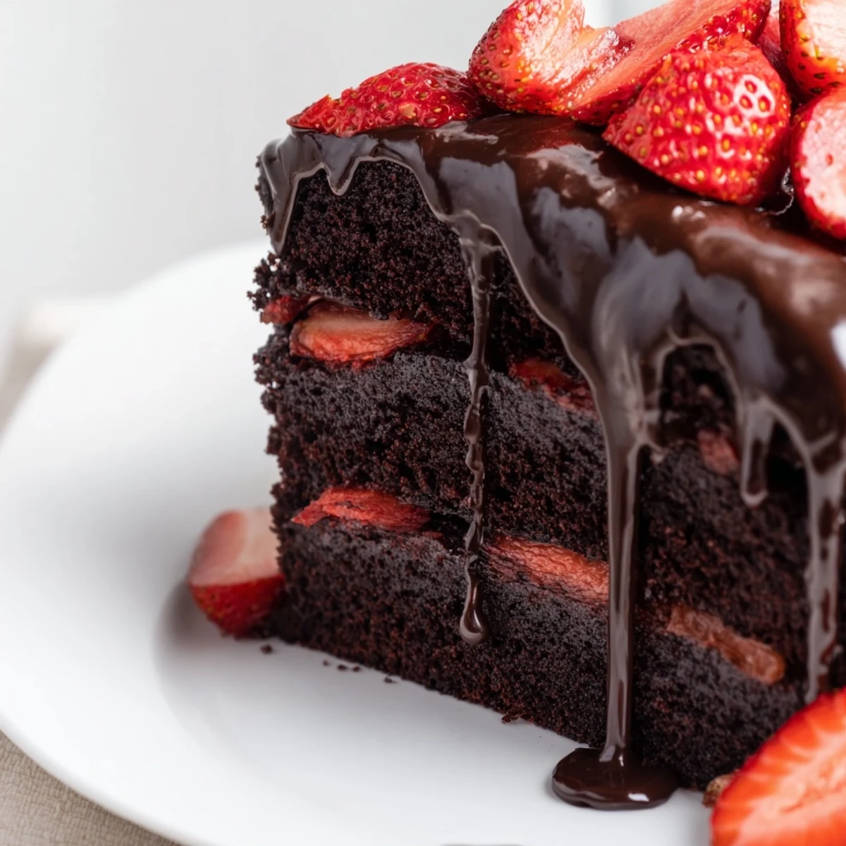 Moist chocolate layer cake filled with rich ganache and sweet fresh strawberries between layers