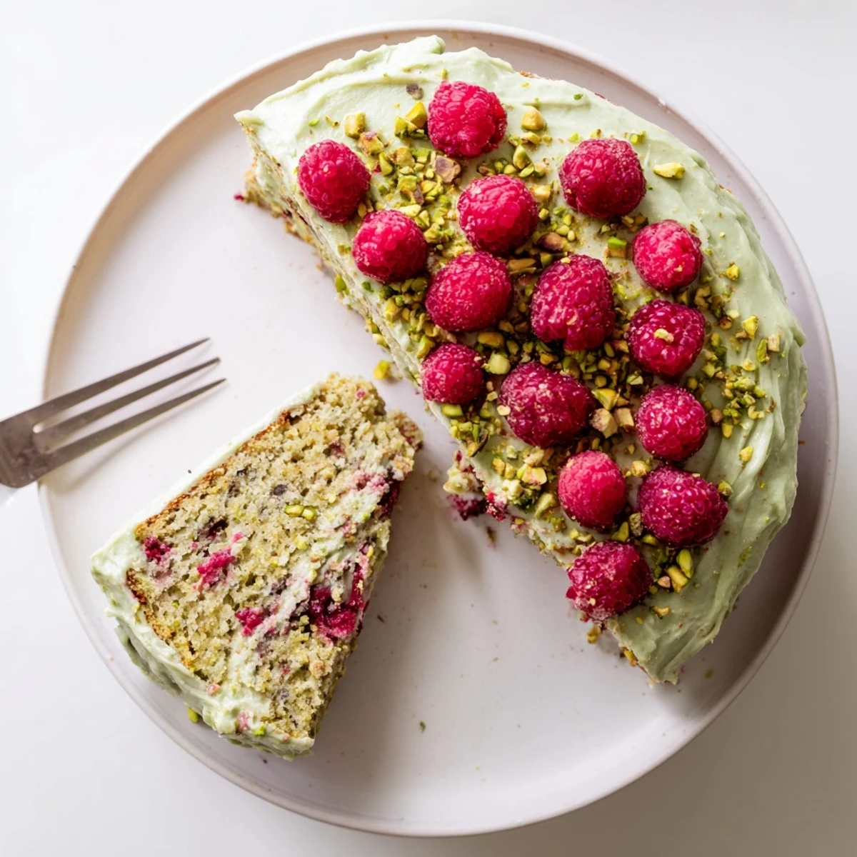 Slice of pistachio raspberry cake topped with creamy green frosting and fresh red berries