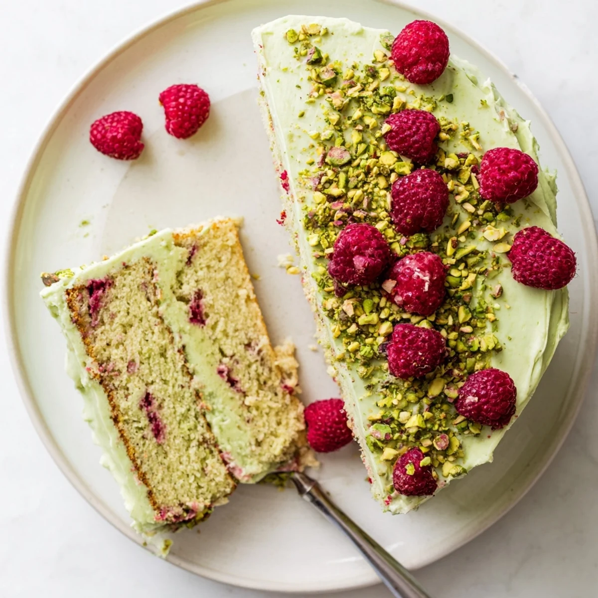 Moist pistachio raspberry cake slice on white plate with cream cheese frosting and pistachio crumble
