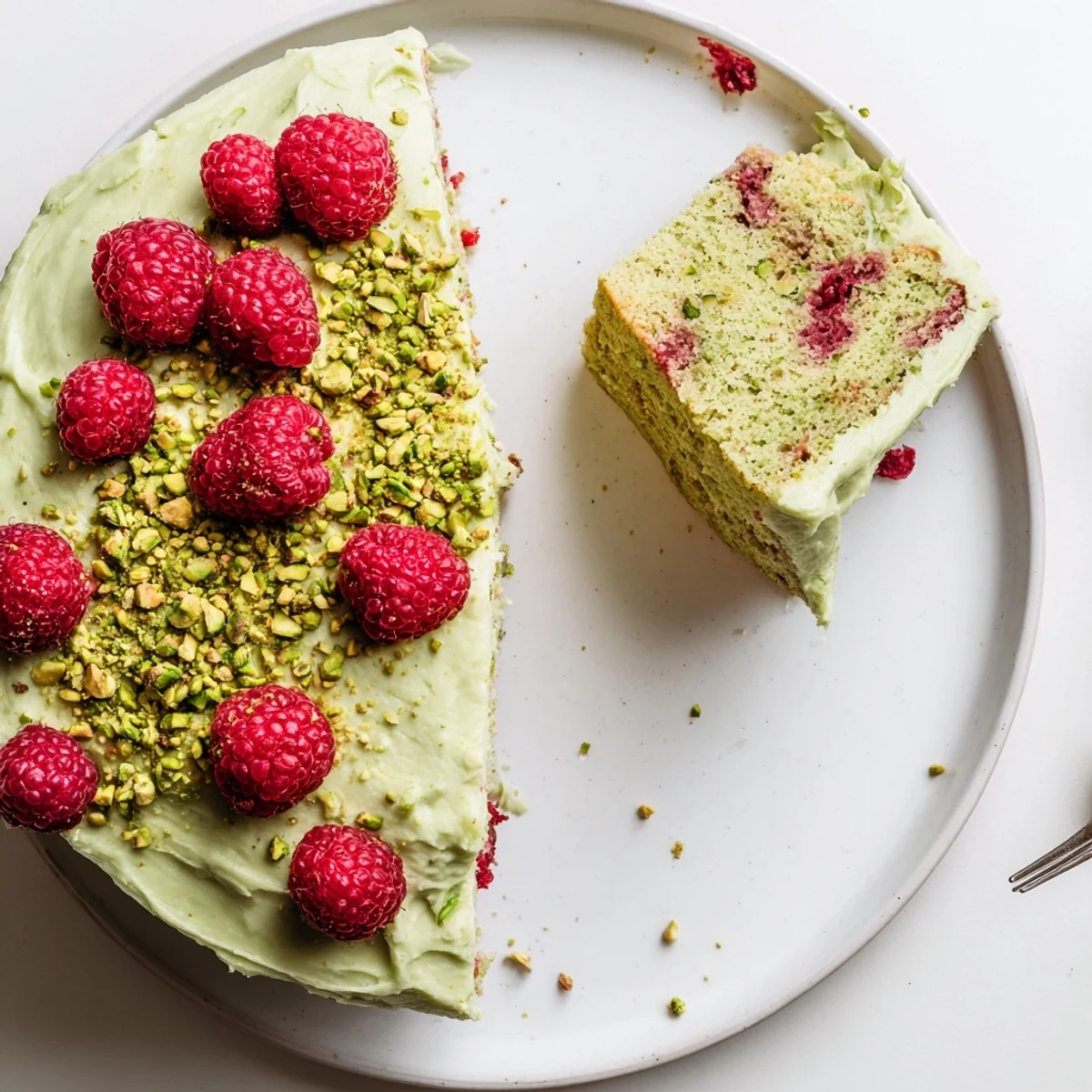 Two-tiered pistachio raspberry cake with fluffy cream cheese frosting decorated with whole raspberries