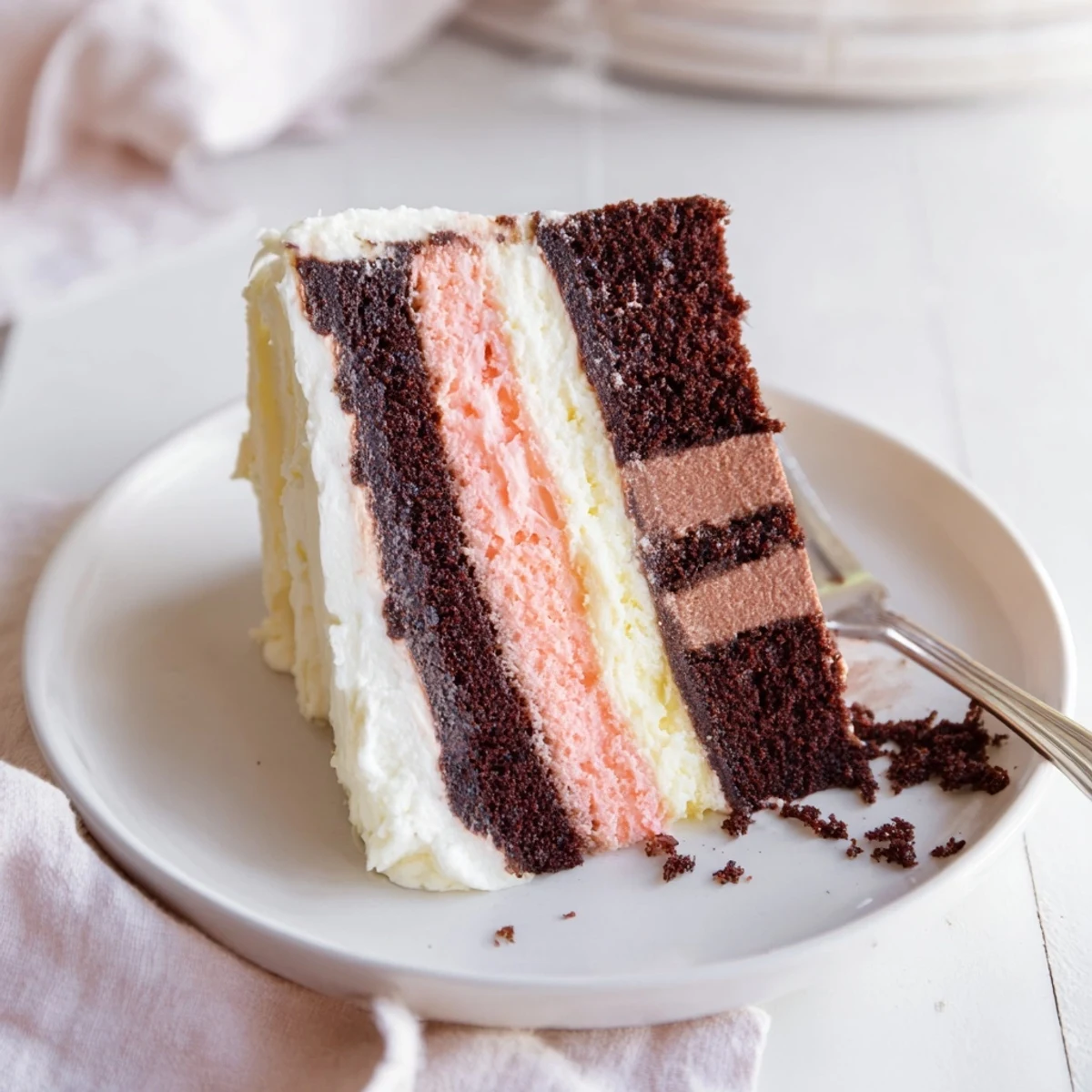 Slice of Neapolitan cake revealing chocolate, vanilla, and strawberry layers with creamy buttercream frosting