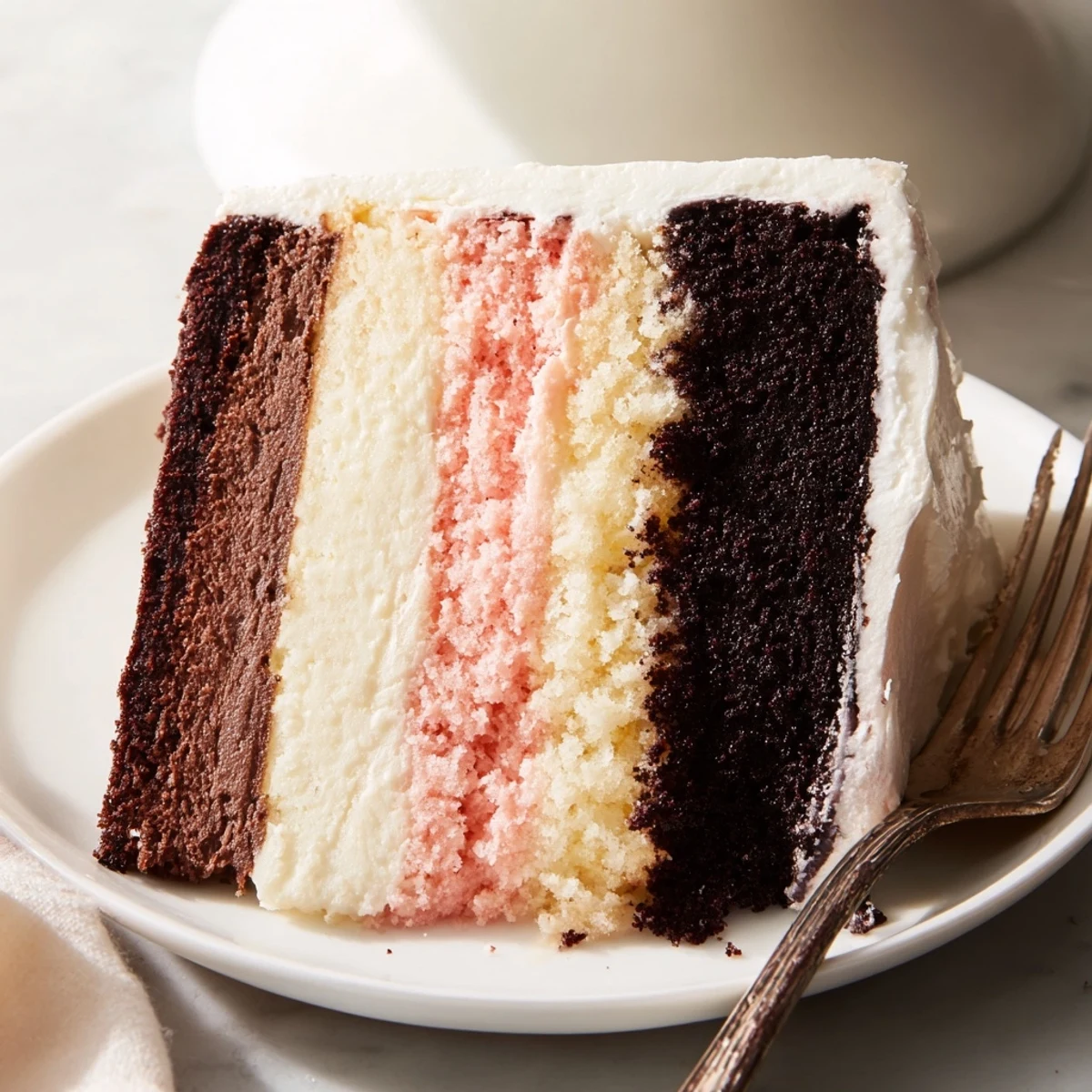 Triple-layer Neapolitan cake with pink, white, and brown stripes topped with fluffy white buttercream