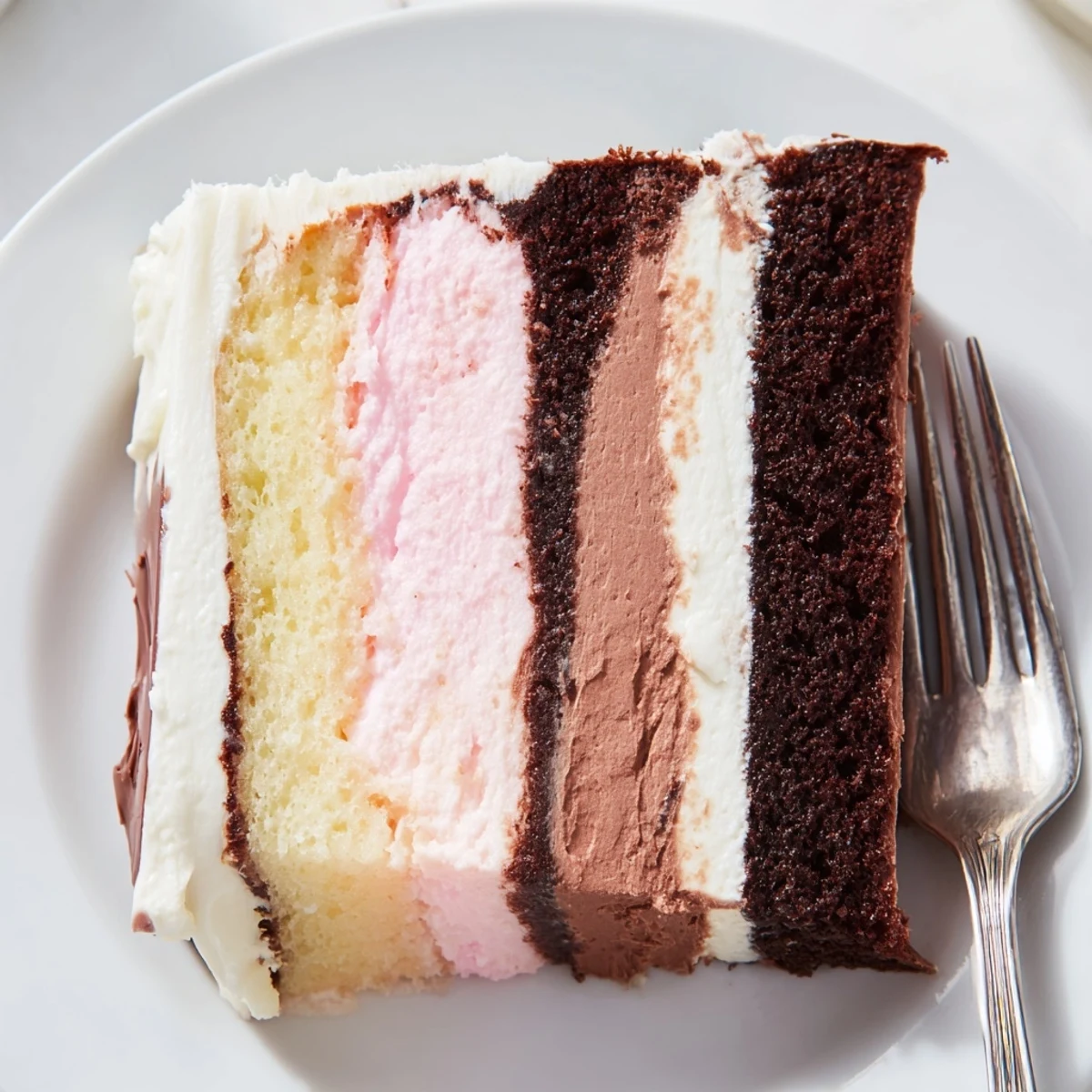 Tall Neapolitan cake decorated with strawberries and chocolate shavings on a white serving plate