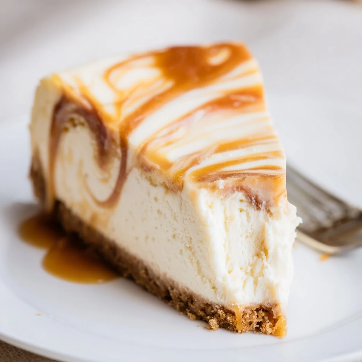 Rich caramel swirl cheesecake slice with golden ribbons cascading through creamy vanilla filling on graham crust