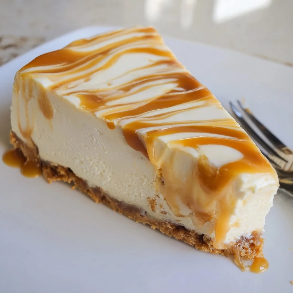 Golden caramel swirl cheesecake wedges displaying luscious caramel ribbons throughout velvety filling over crunchy graham crust
