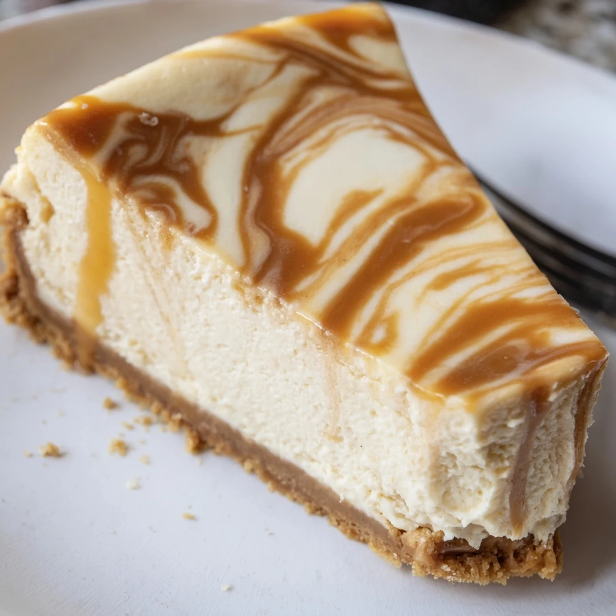 Decadent caramel swirl cheesecake featuring marbled caramel sauce against smooth cream cheese on buttery cracker base