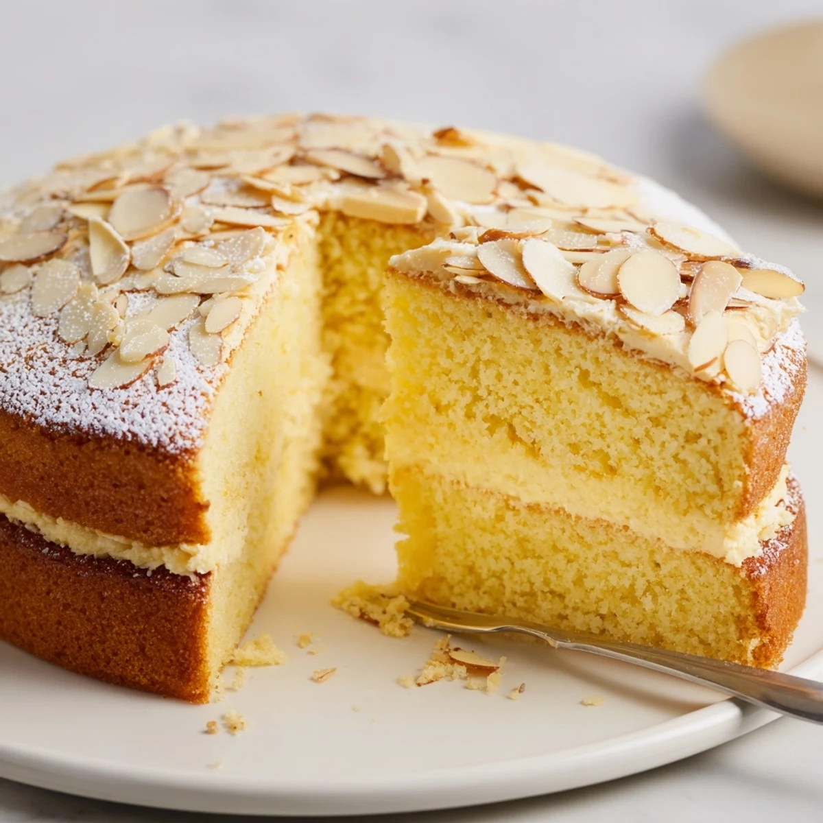 Golden almond cream cake slice showing moist layers filled with rich almond frosting and topped with toasted nuts