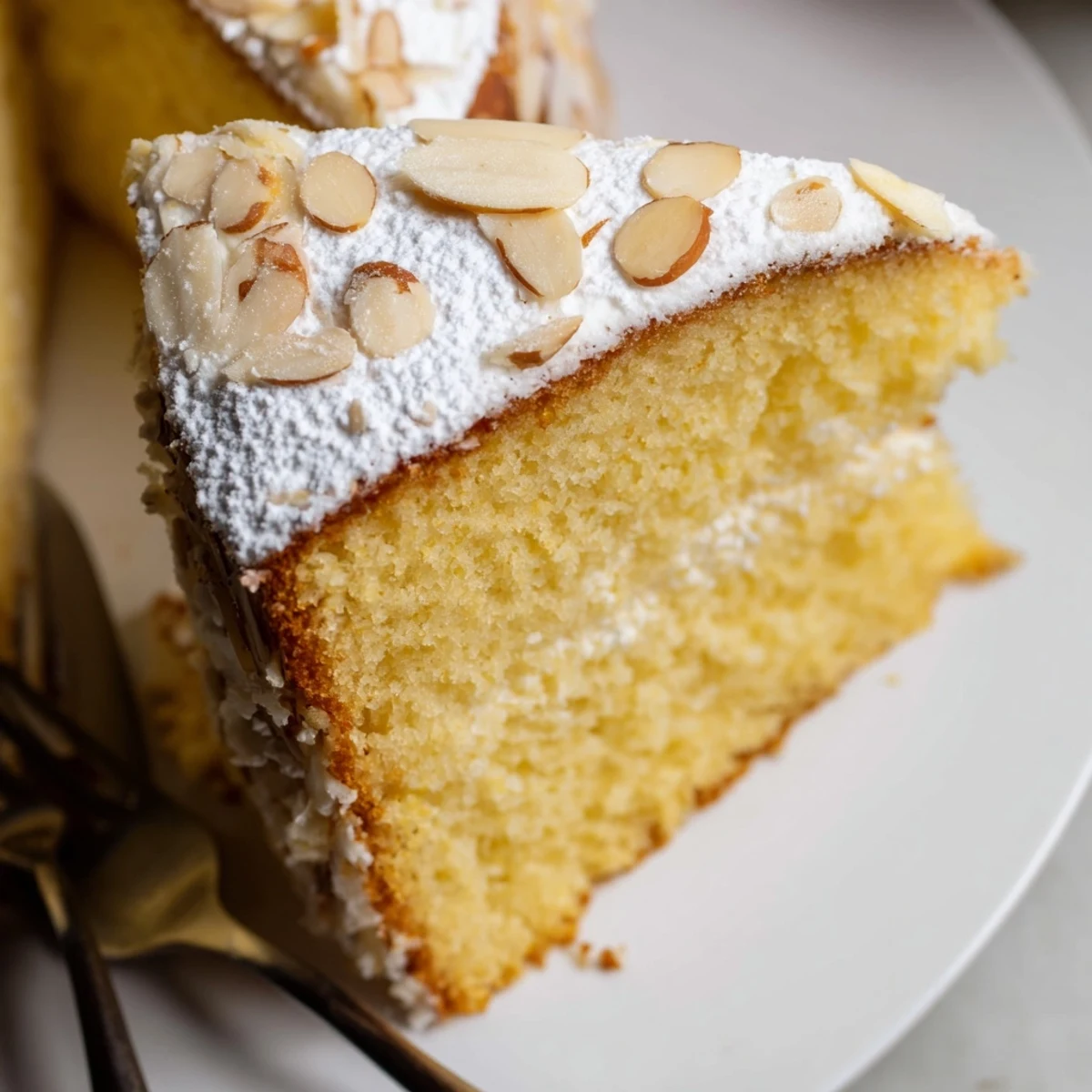 Light and fluffy almond cream cake layered with creamy filling and dusted with powdered sugar on a white plate