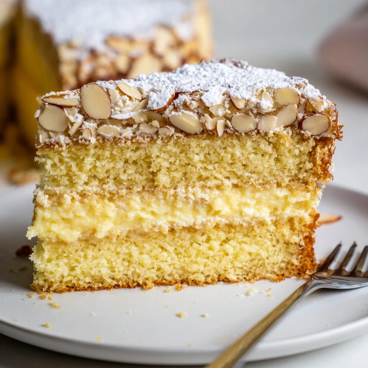 European-style almond cream cake dessert featuring tender crumb, sweet almond cream filling, and crunchy sliced almond garnish