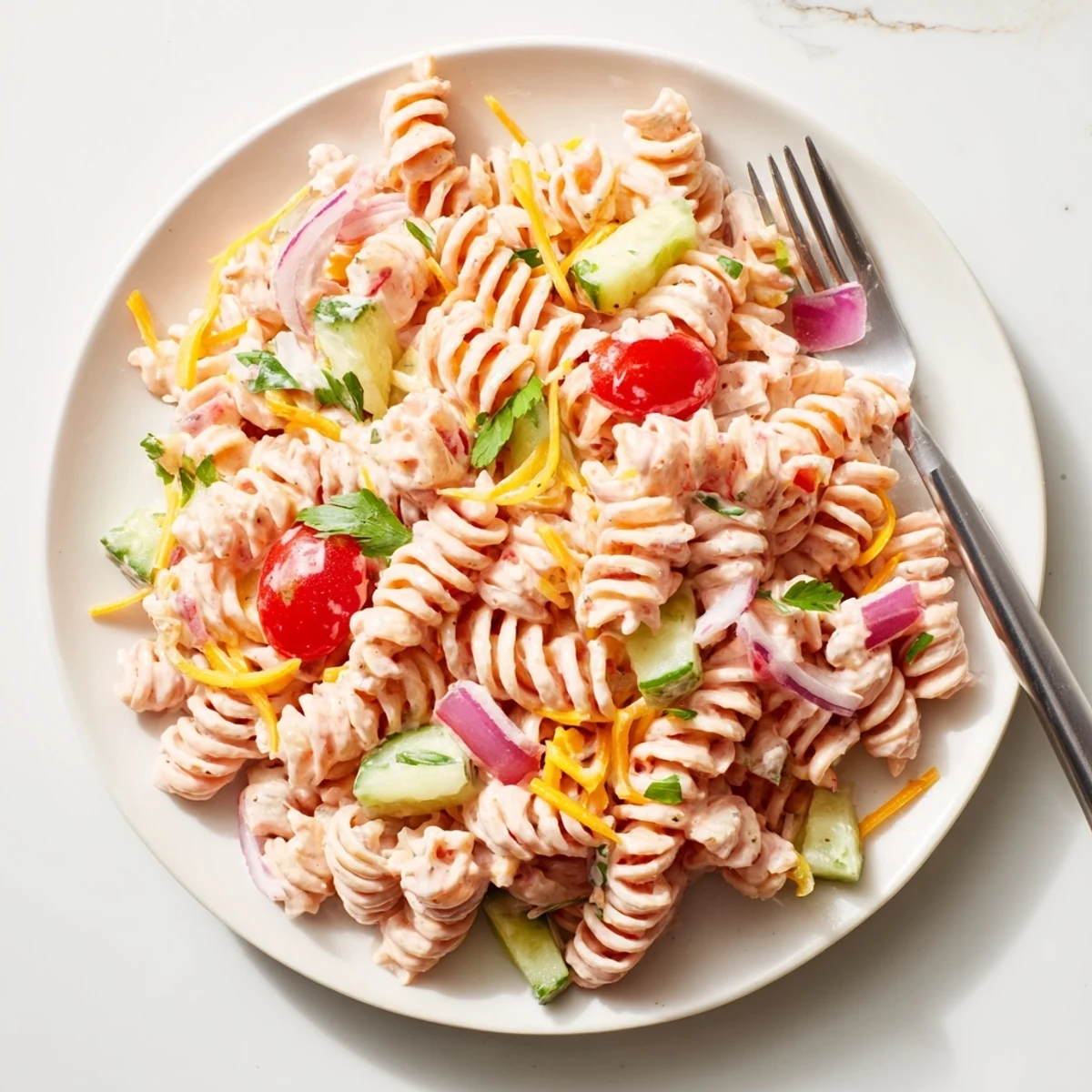 Cold Pink Cadillac Pasta Salad featuring cherry tomatoes and peppers in a tangy creamy sauce