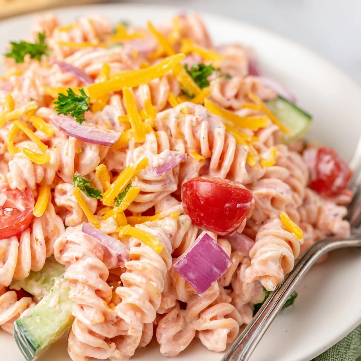 Vibrant Pink Cadillac Pasta Salad tossed with crisp vegetables and pink tinged dressing for picnics