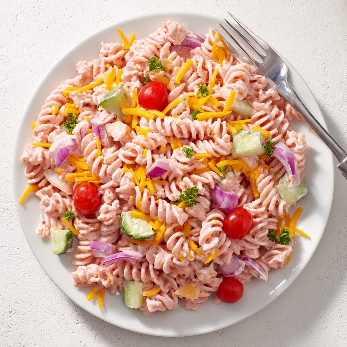Creamy Pink Cadillac Pasta Salad loaded with colorful vegetables in a vibrant pink dressing