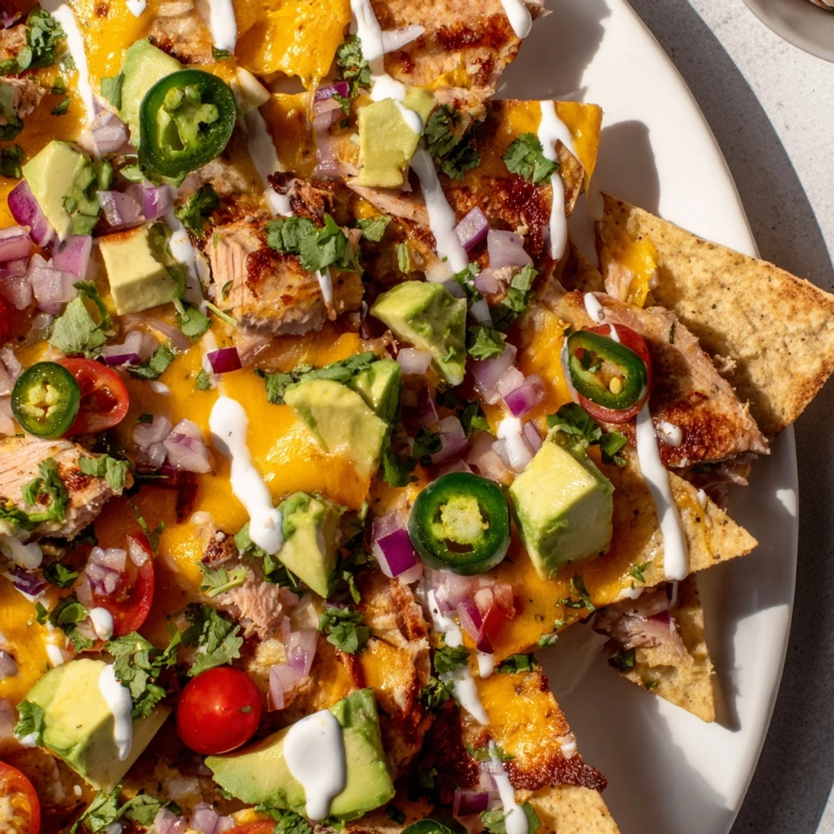Mouthwatering tuna nachos deluxe featuring crispy chips, melted cheese, colorful tomatoes, and tender marinated tuna cubes.