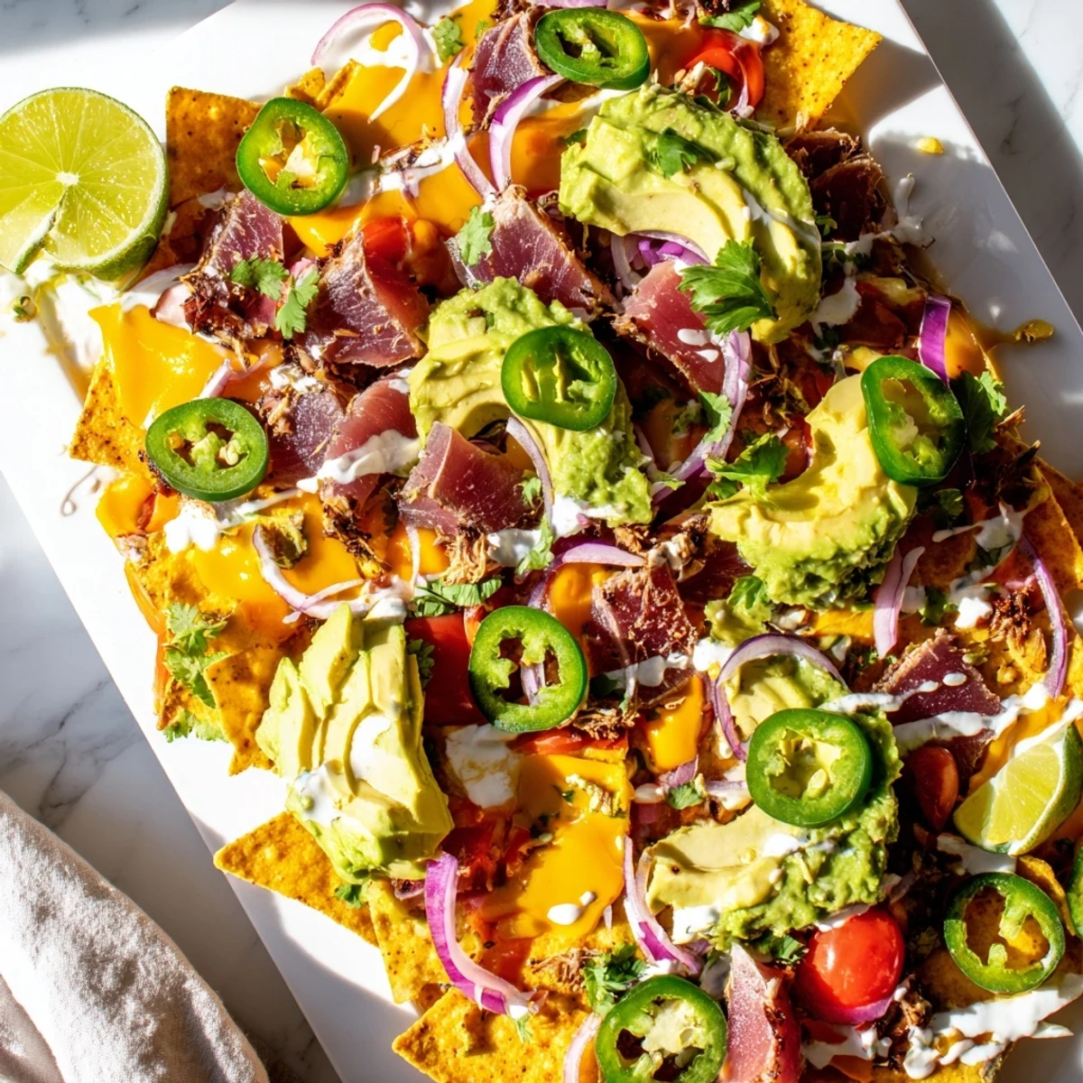 Golden tortilla chips piled with seared tuna, fresh avocado, and zesty jalapeño lime crema drizzled on top.