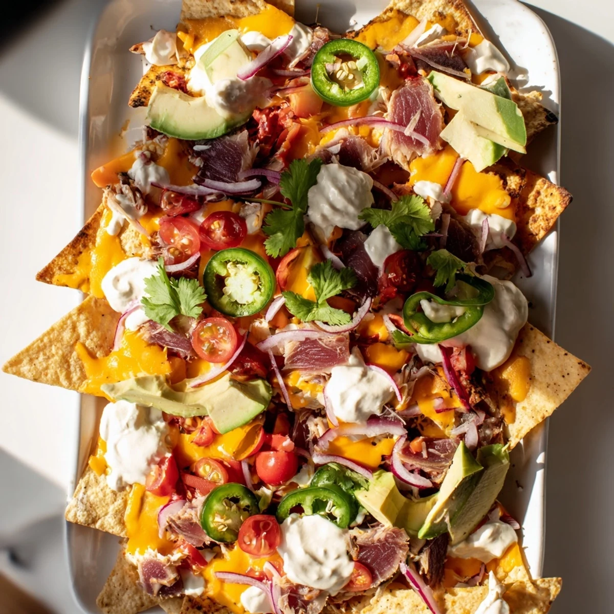 Platter of tuna nachos deluxe garnished with cilantro, red onion, and creamy jalapeño sauce for entertaining.