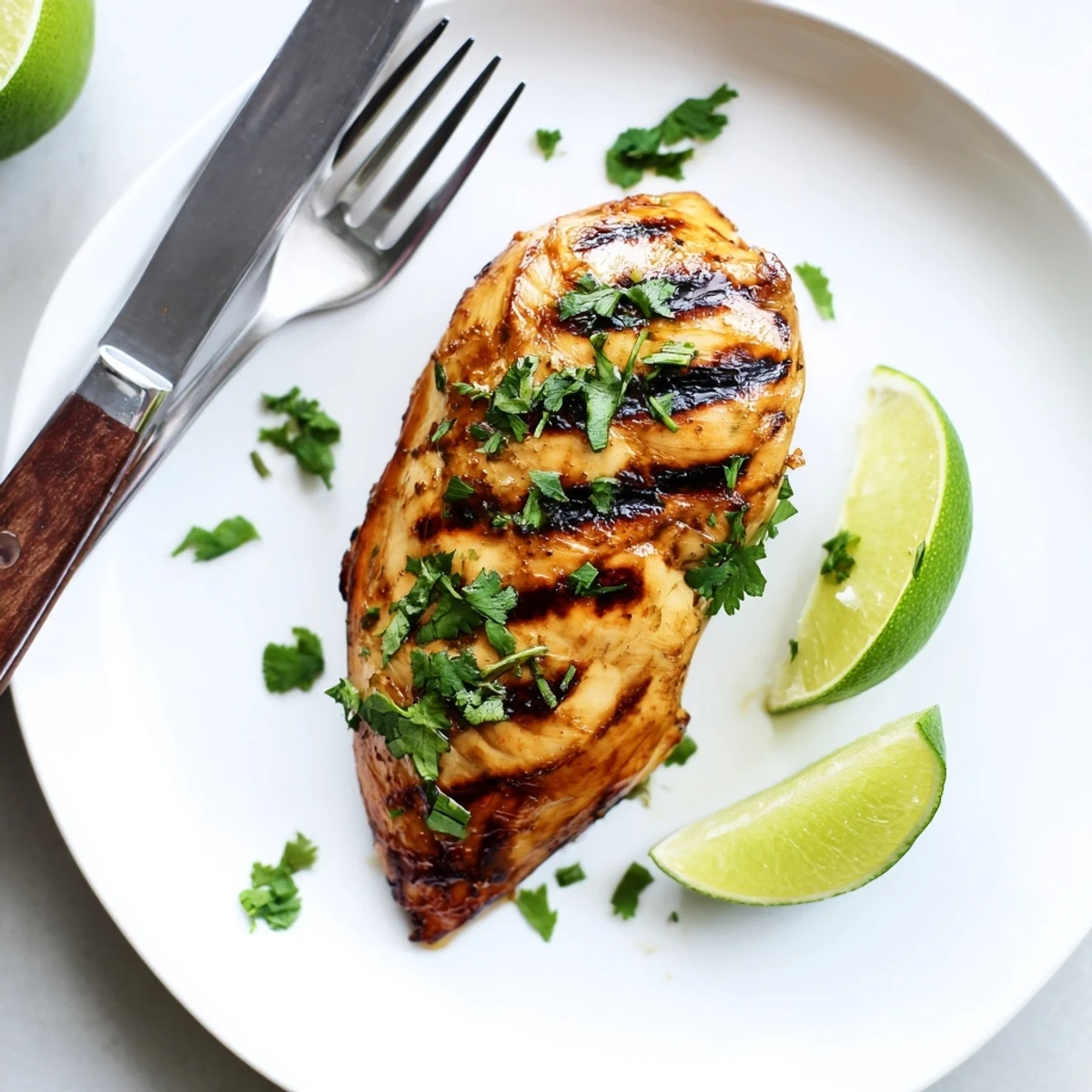 Golden grilled Key West chicken breasts garnished with fresh cilantro and lime wedges