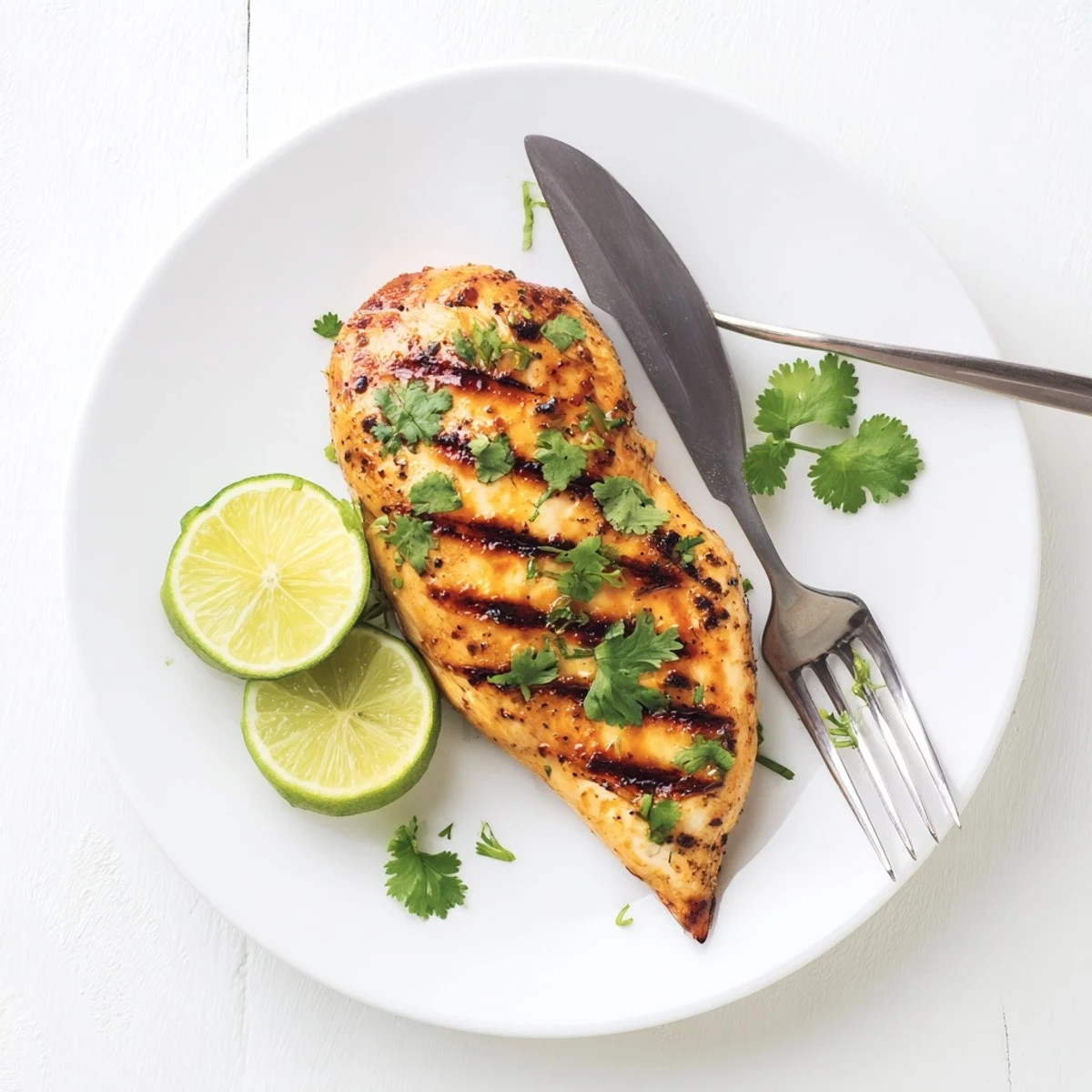 Juicy tropical grilled chicken plated with vibrant cilantro sprouts and zesty lime slices