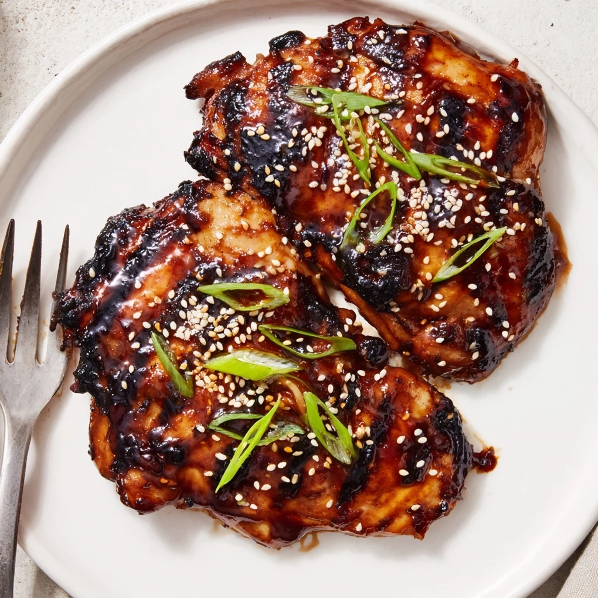 Tender Japanese BBQ Chicken Thighs charred edges, served over steamed white rice
