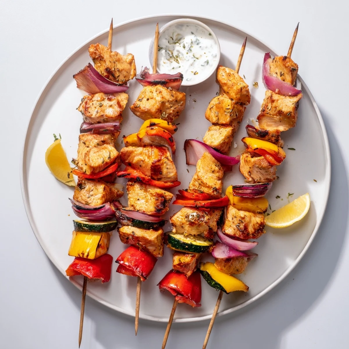 Greek Marinated Chicken Kabobs sizzling on grill with charred vegetables and lemon