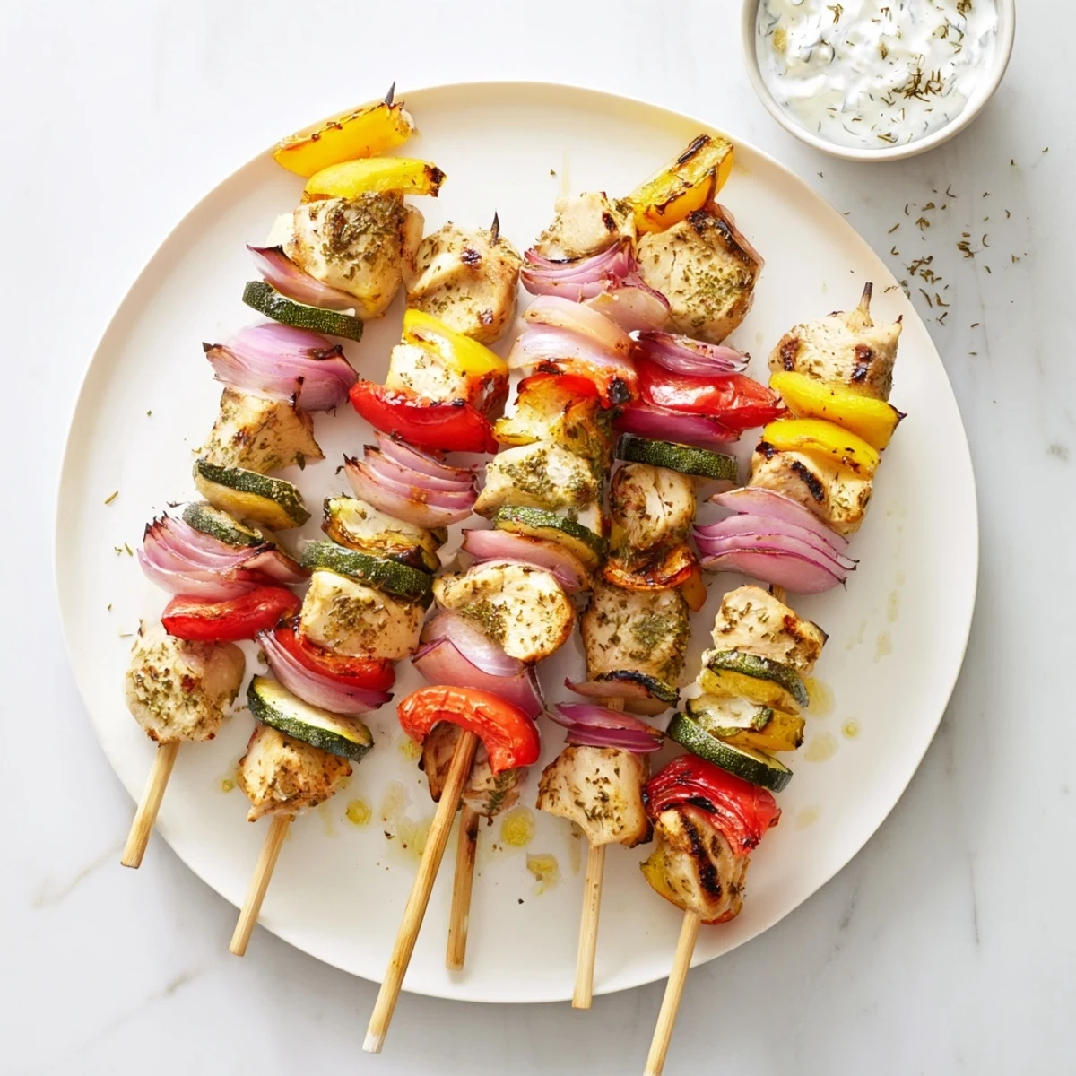 Plated Greek Marinated Chicken Kabobs over rice with tzatziki and fresh parsley