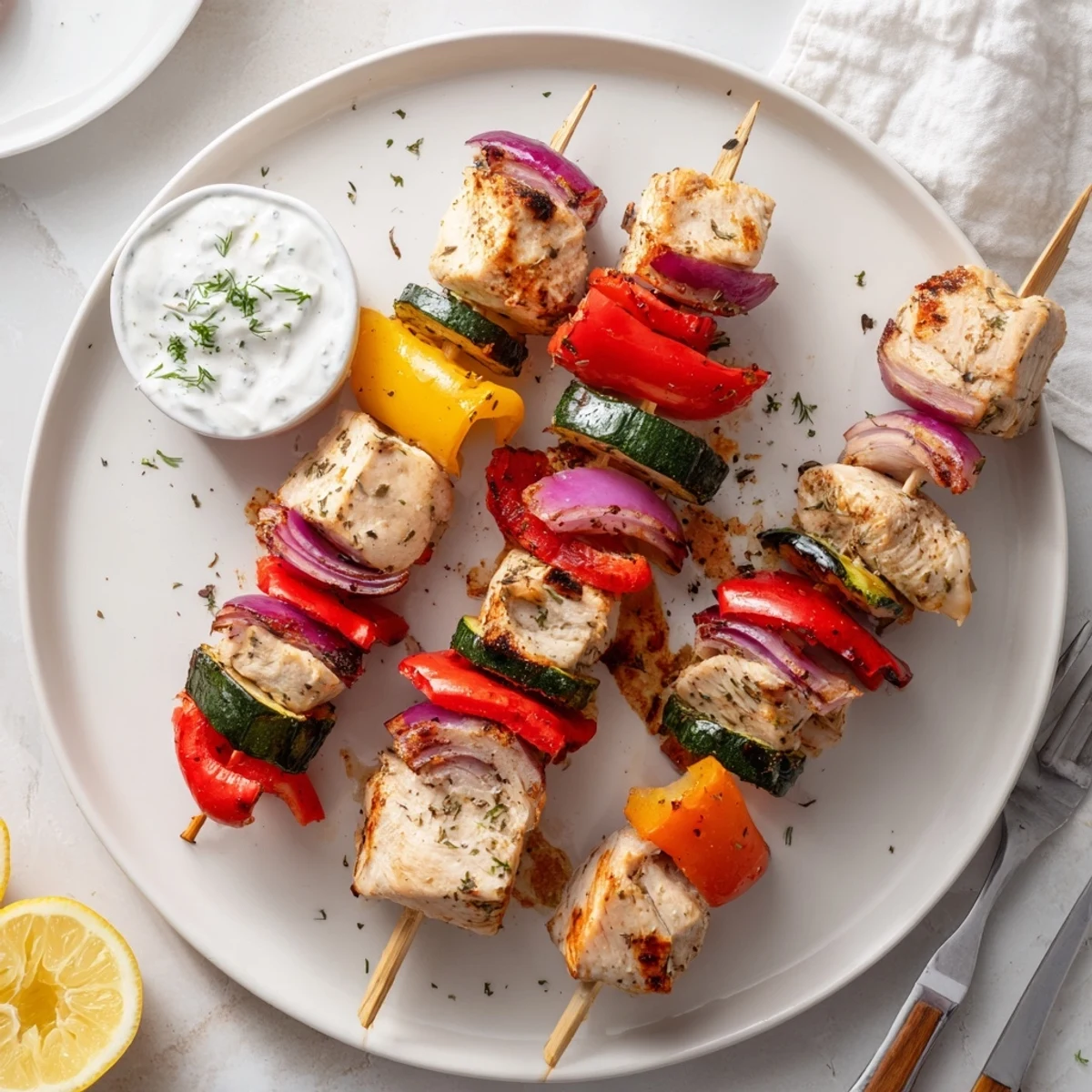 Juicy Greek Marinated Chicken Kabobs skewered with zucchini, bell peppers, smoky aroma