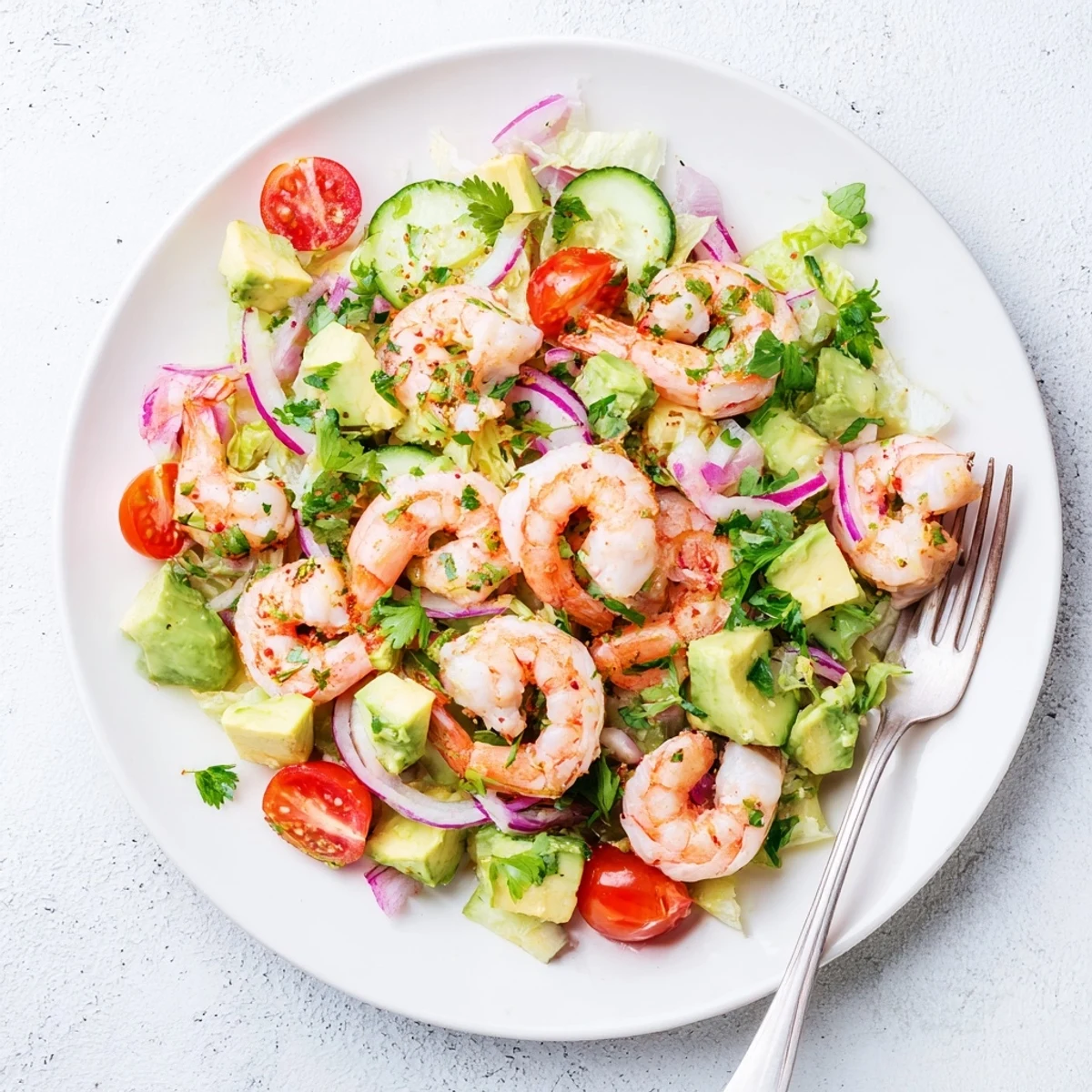 Golden seared shrimp atop vibrant green avocado salad with cherry tomatoes and lime drizzle