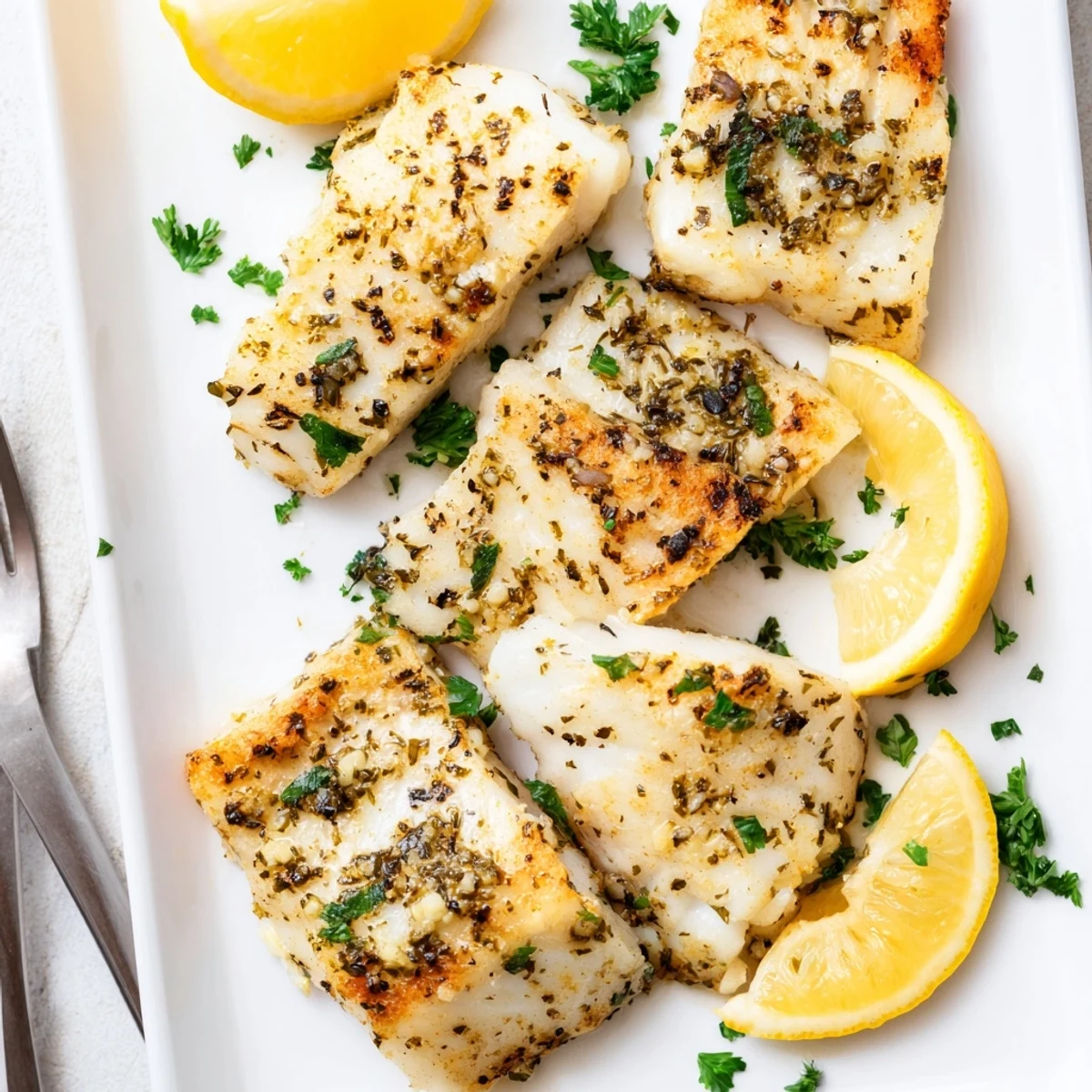 Golden pan-seared lemon garlic fish recipe garnished with fresh parsley and lemon wedges on a white plate