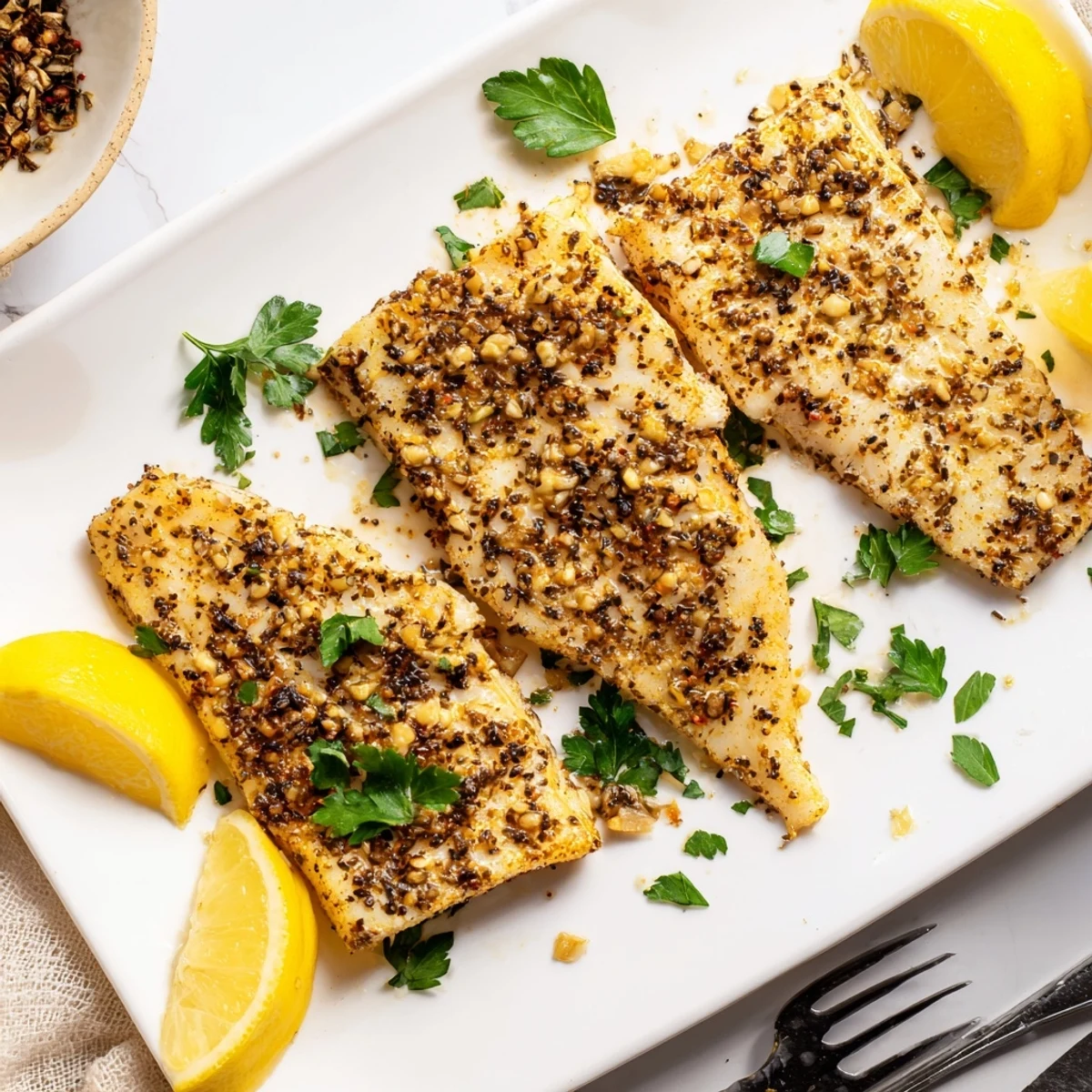 Tender baked lemon garlic fish recipe flakes easily with aromatic herbs and bright citrus flavors