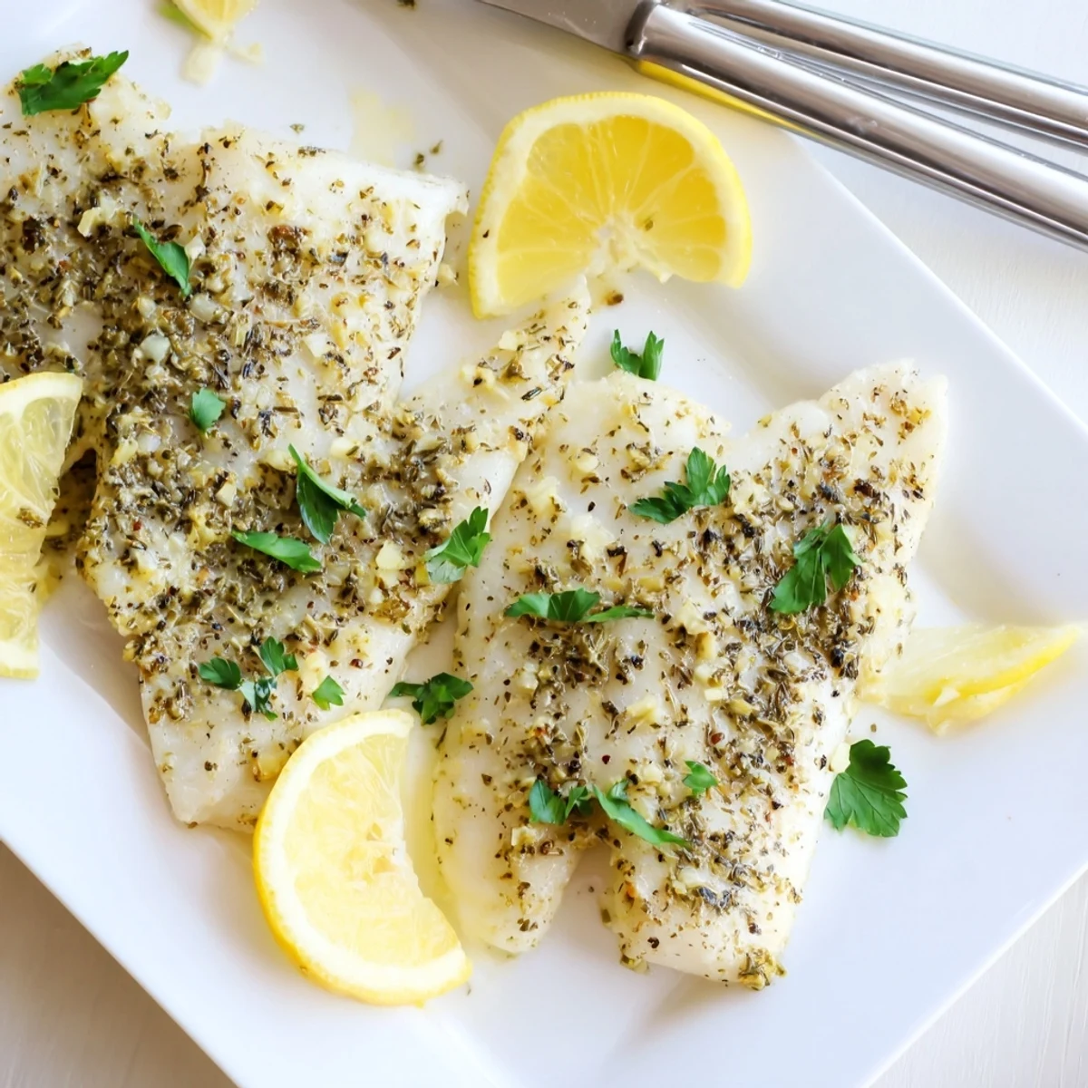 Mediterranean-style lemon garlic fish recipe served hot with zesty marinade and green parsley sprinkles